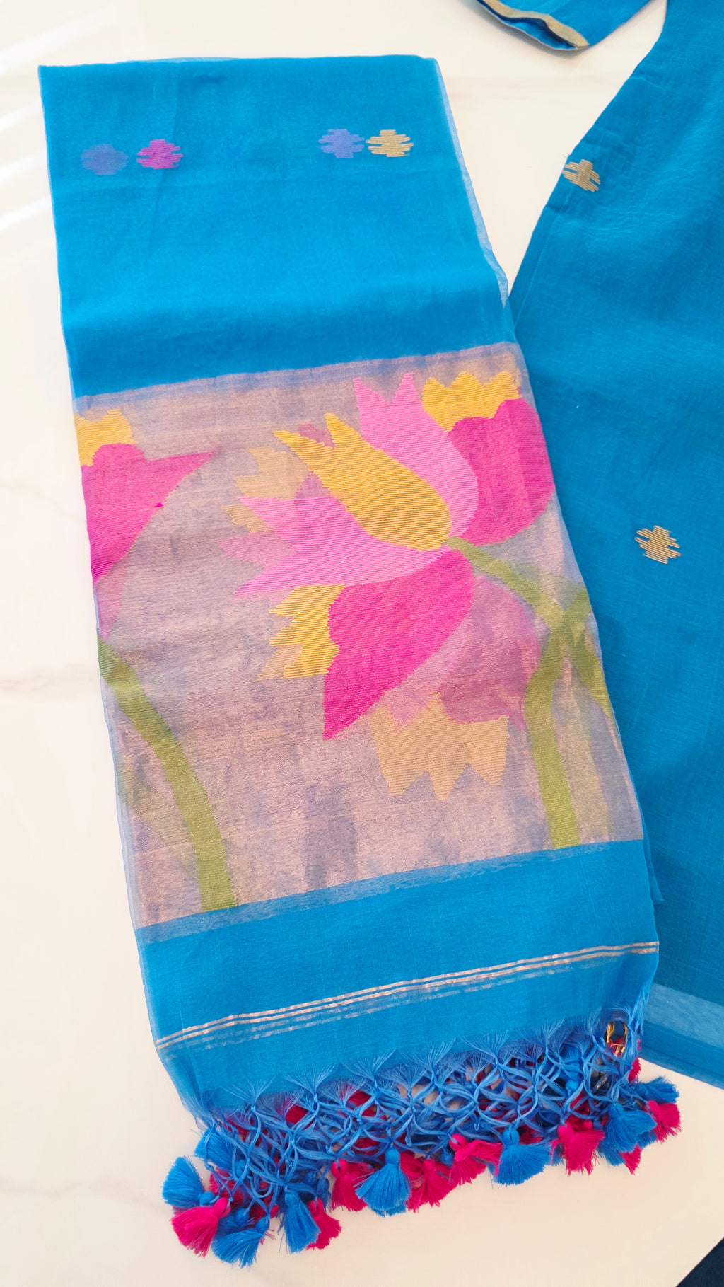 Blaues Musselin Jamdani Oberteil mit Dupatta