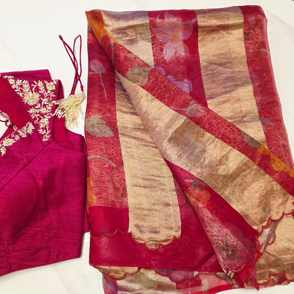 Latest Trendy Pure Organza Stripes Saree in Red Colour paired with Cute Blouse