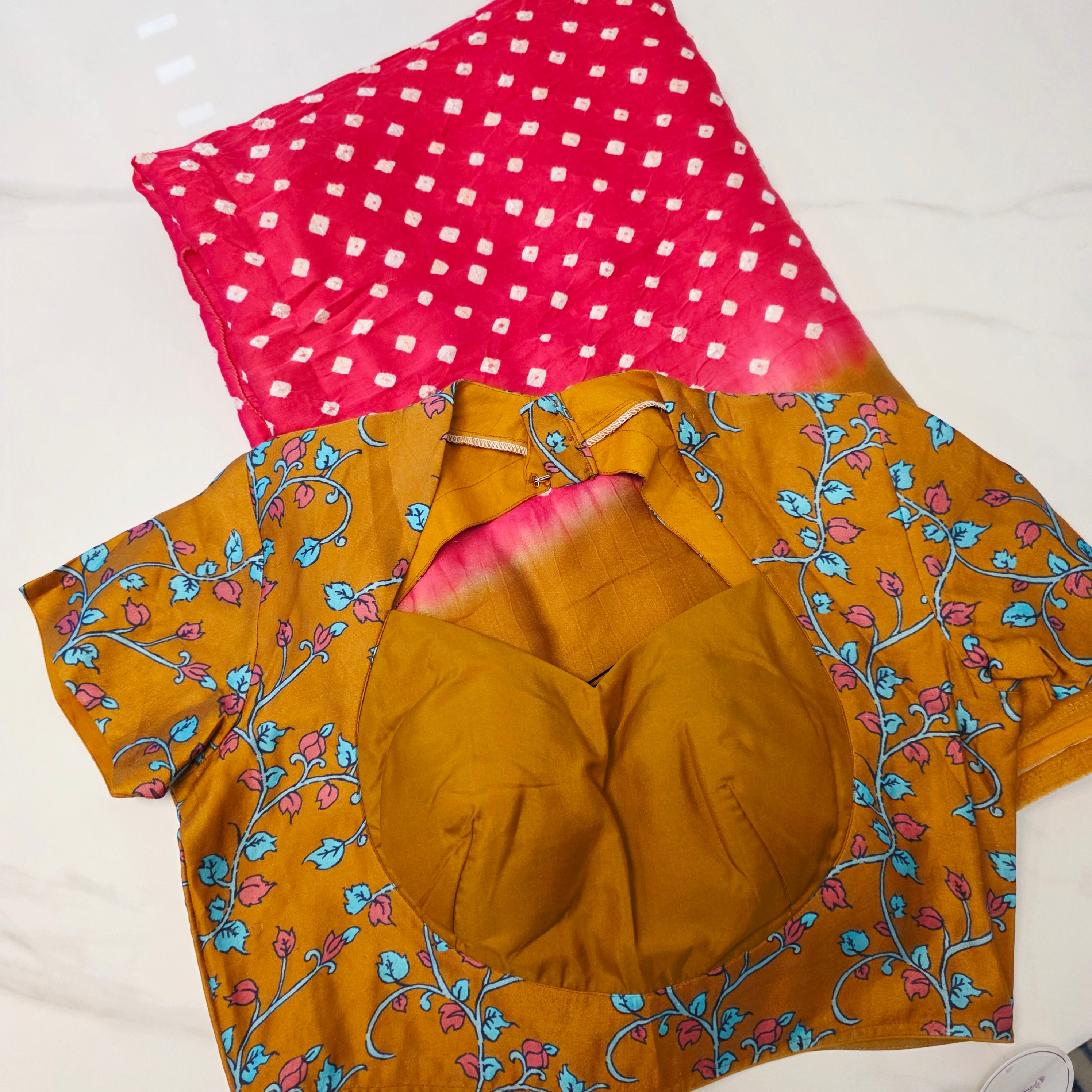 Red and Mustard Yellow- Pure Soft Premium Bandini Saree with Kalamkari Border with Trendy Blouse