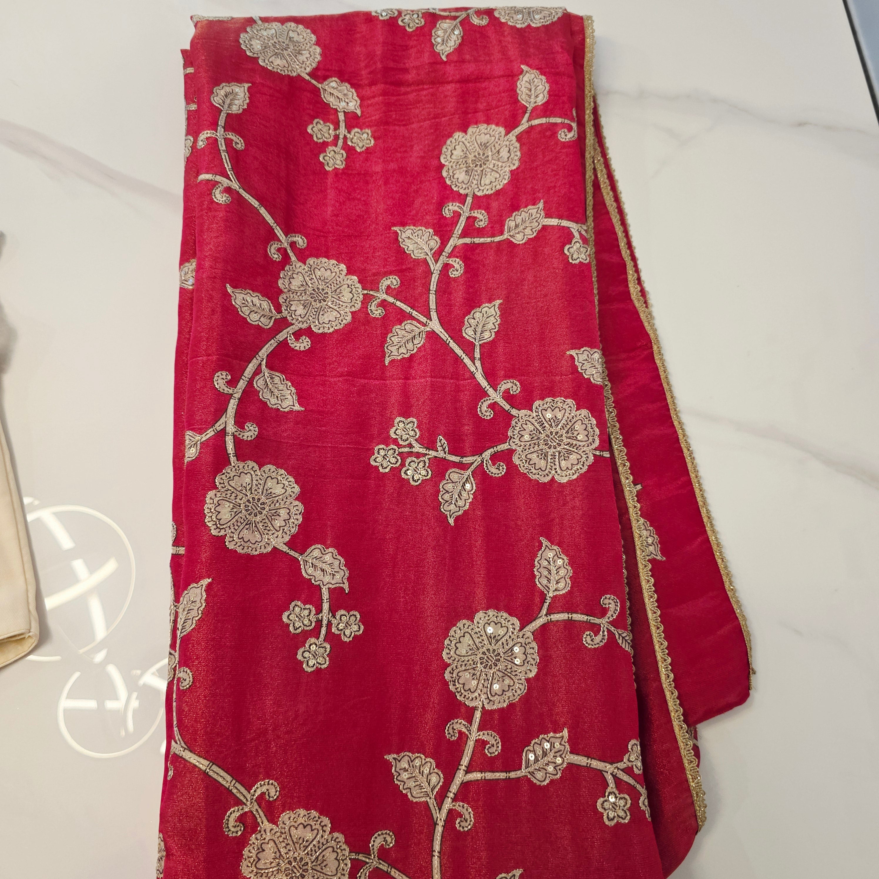 Pink Tissue Saree With Kalamkari Applique Work and Beautiful Net Blouse