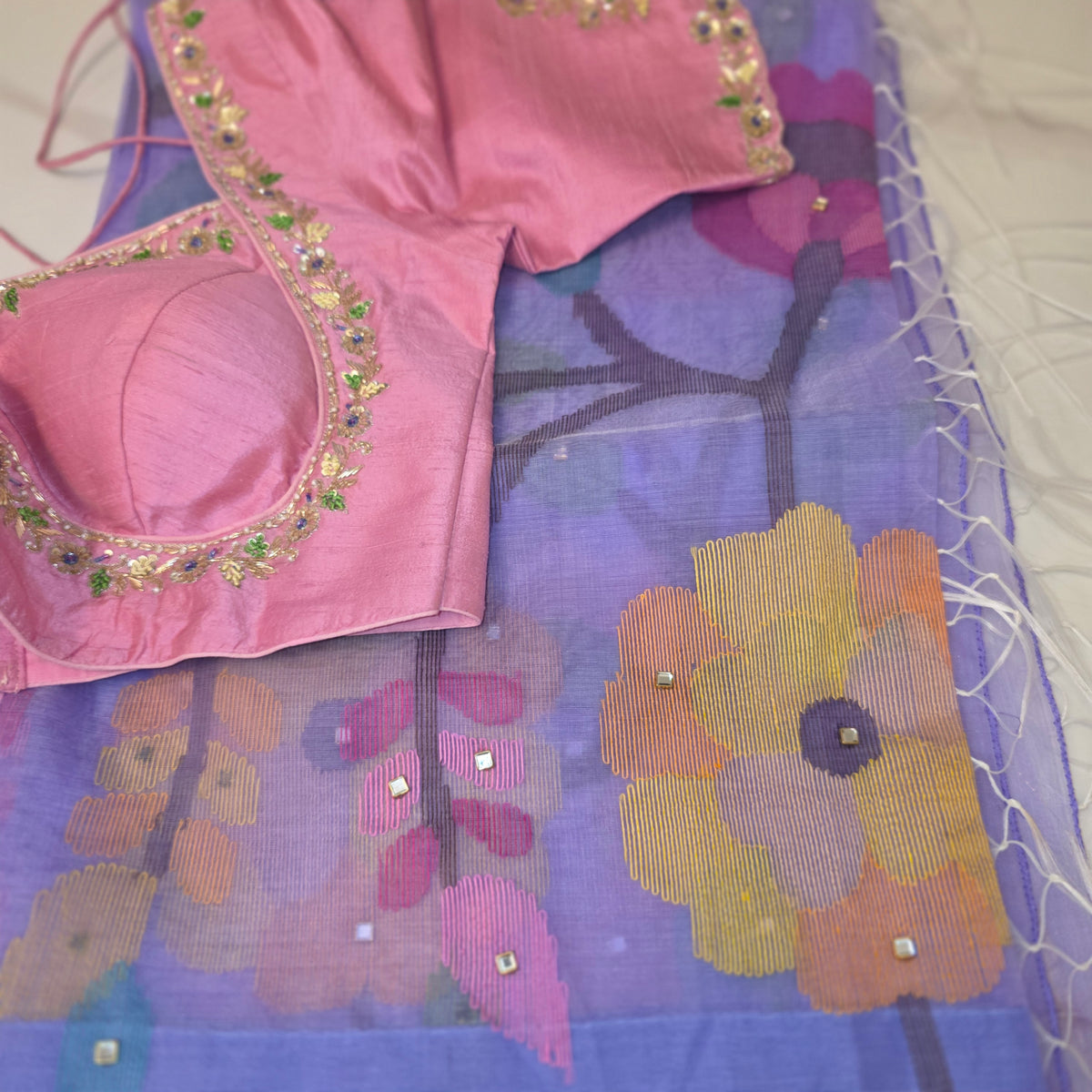 Womens Muslin Jamdani Saree with Kundan Highlights and designer blouse