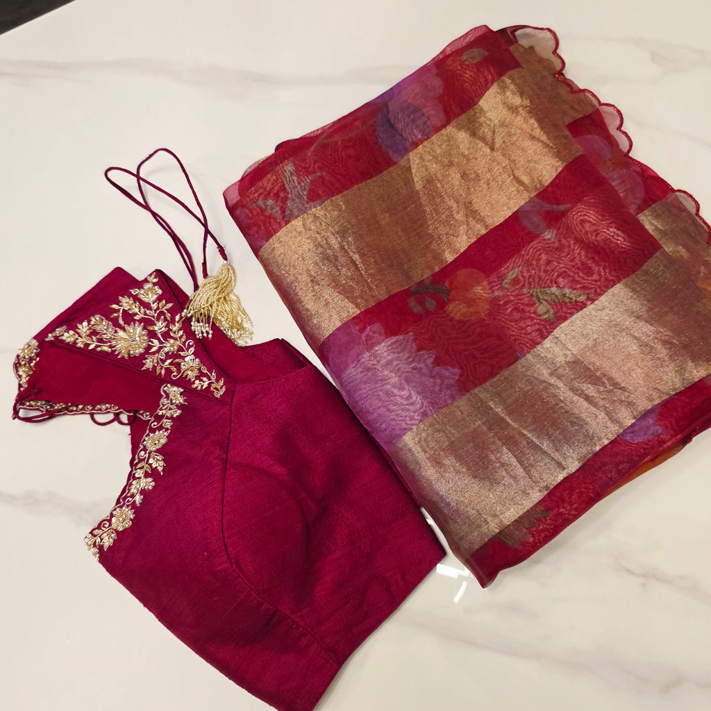 Latest Trendy Pure Organza Stripes Saree in Red Colour paired with Cute Blouse