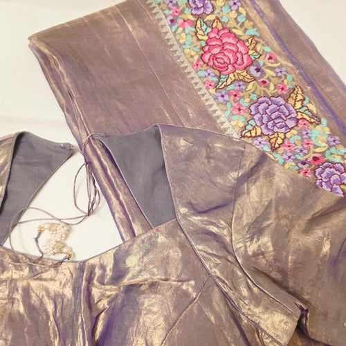 Blue Colour Pure Banaras Gold Tissue Saree with Petitepoint Work