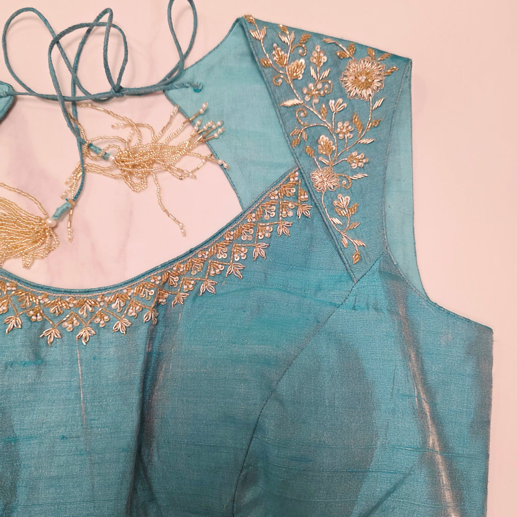 Baby Pink Sequin Georgette Saree With Skyblue Blouse