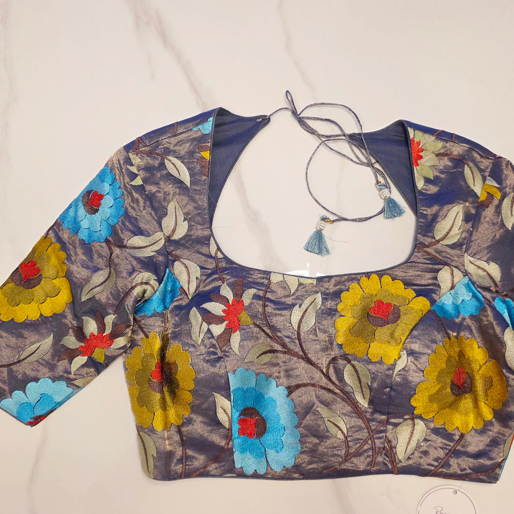 Blue Banaras Saree with Floral Embroidery