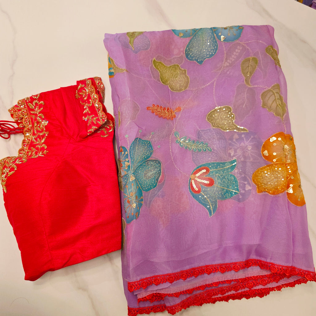 Purple Latest and Trendy Saree with Floral Hibiscus theme in paired with cute short sleeve blouse