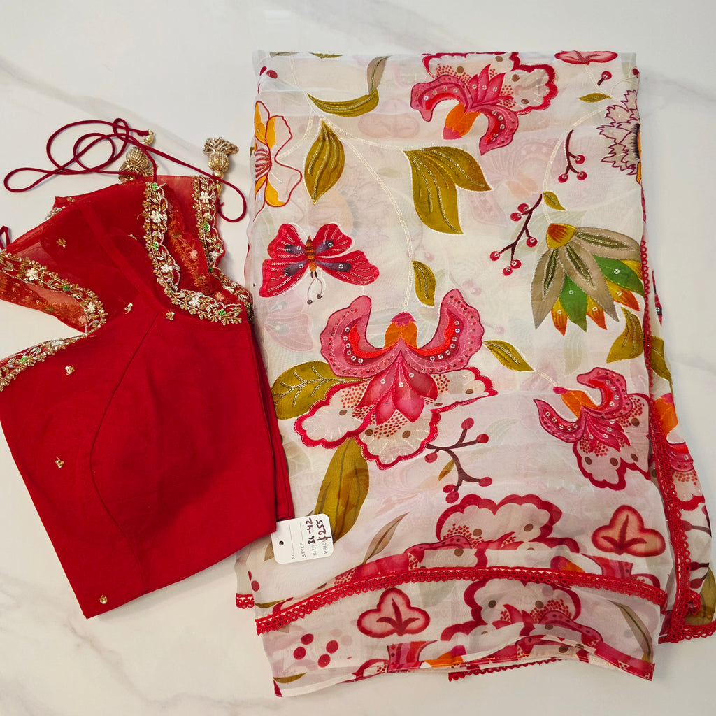 White Viscious Organza Saree with Floral pattern with Net designer Blouse