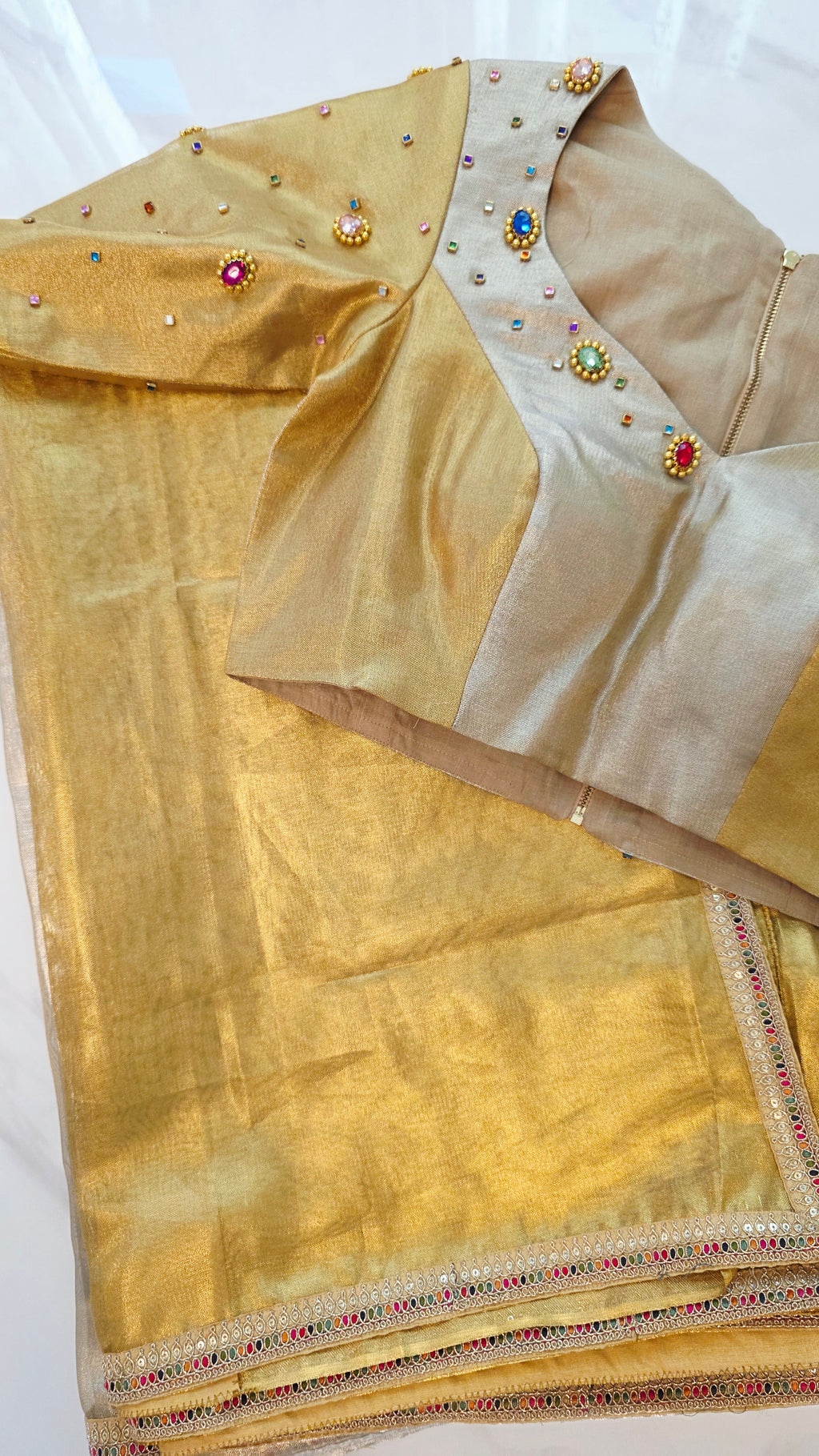 Womens Banaras Gokd and Sikver Tissue Saree with Navrathna Blouse