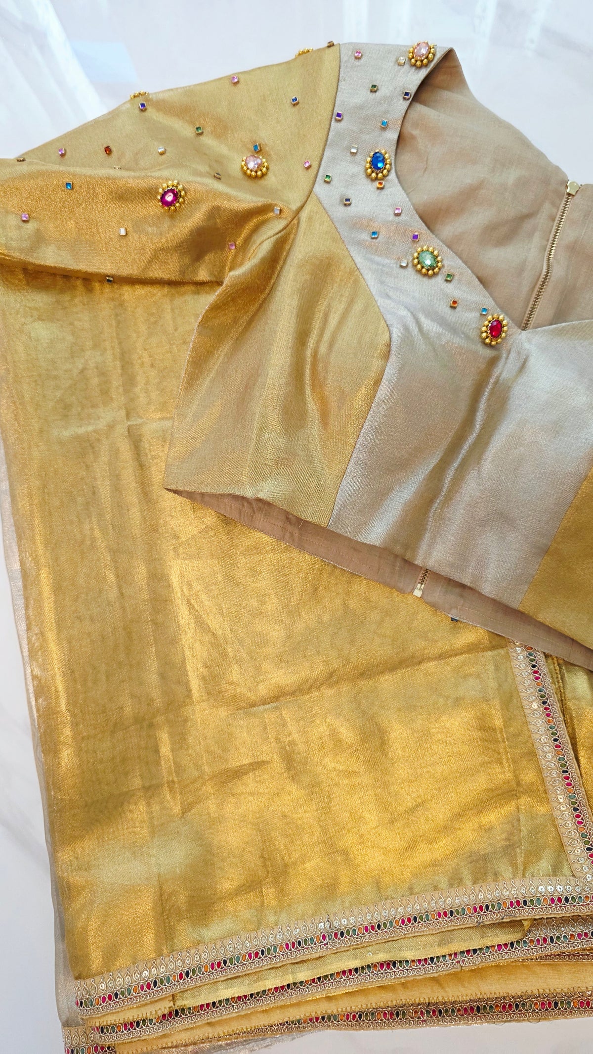 Womens Banaras Gokd and Sikver Tissue Saree with Navrathna Blouse