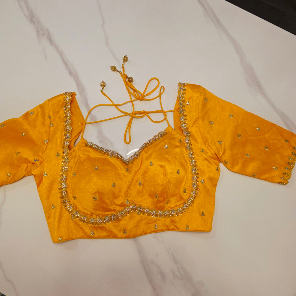 Orange Crape Silk Saree With Yellow Jacket Blouse