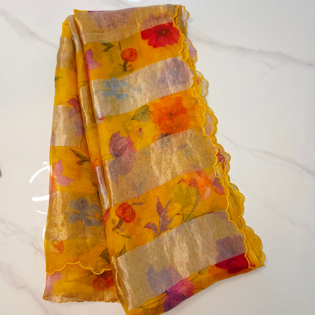 Yellow Premium Organza Stripes Saree with Rawsilk Designer Blouse