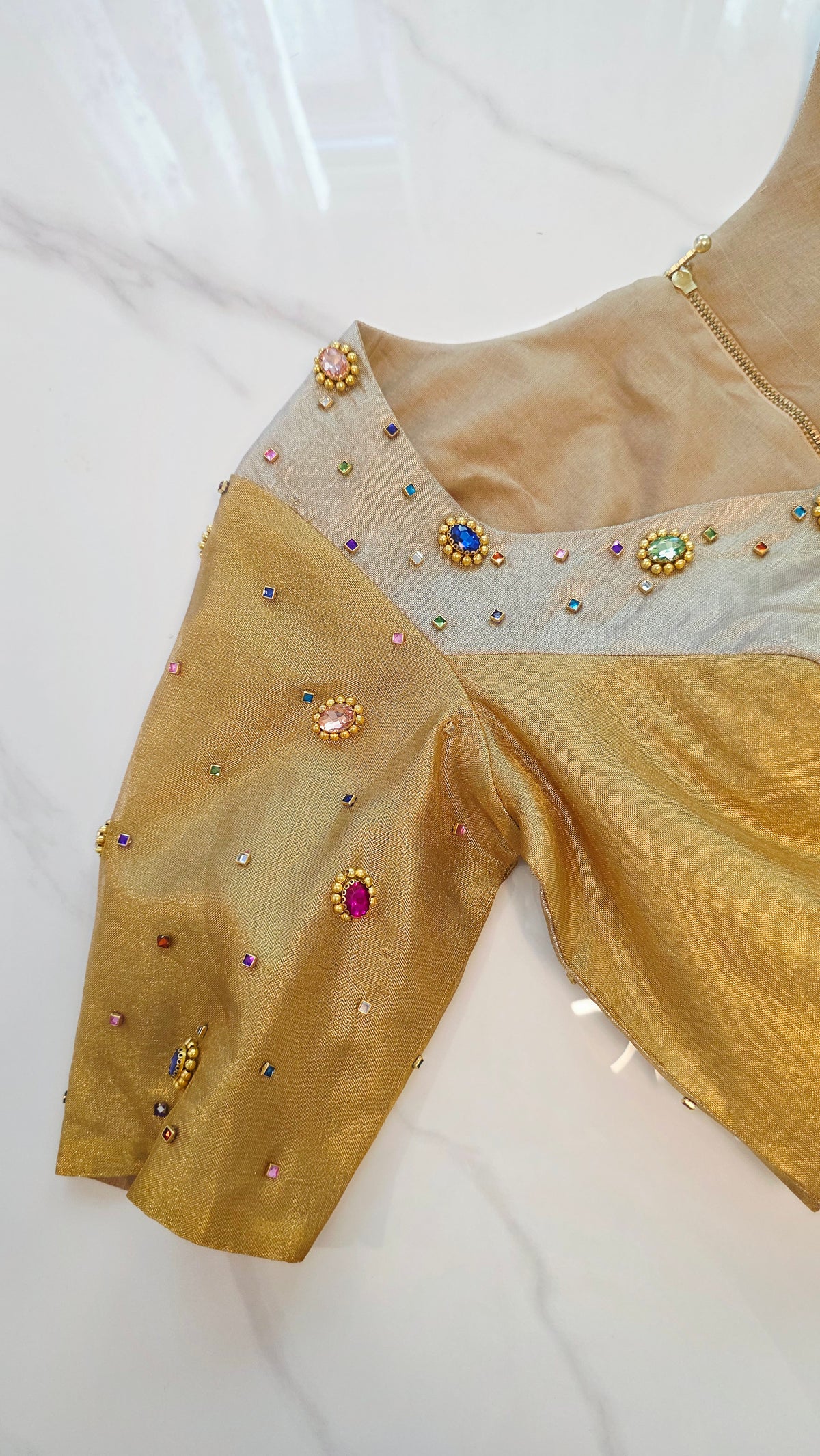 Womens Banaras Gokd and Sikver Tissue Saree with Navrathna Blouse