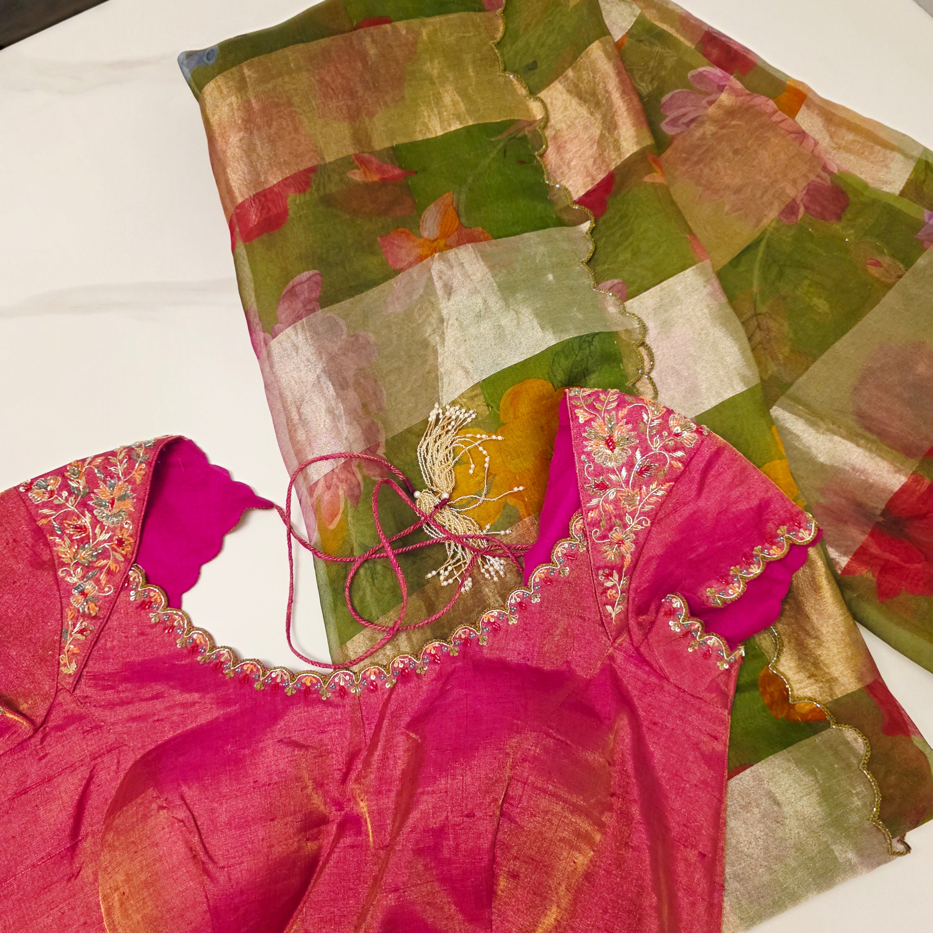 Green Stripes Premium Organza Saree with Cutwork borders paired with Tissue Rawsilk Maggam Blouse