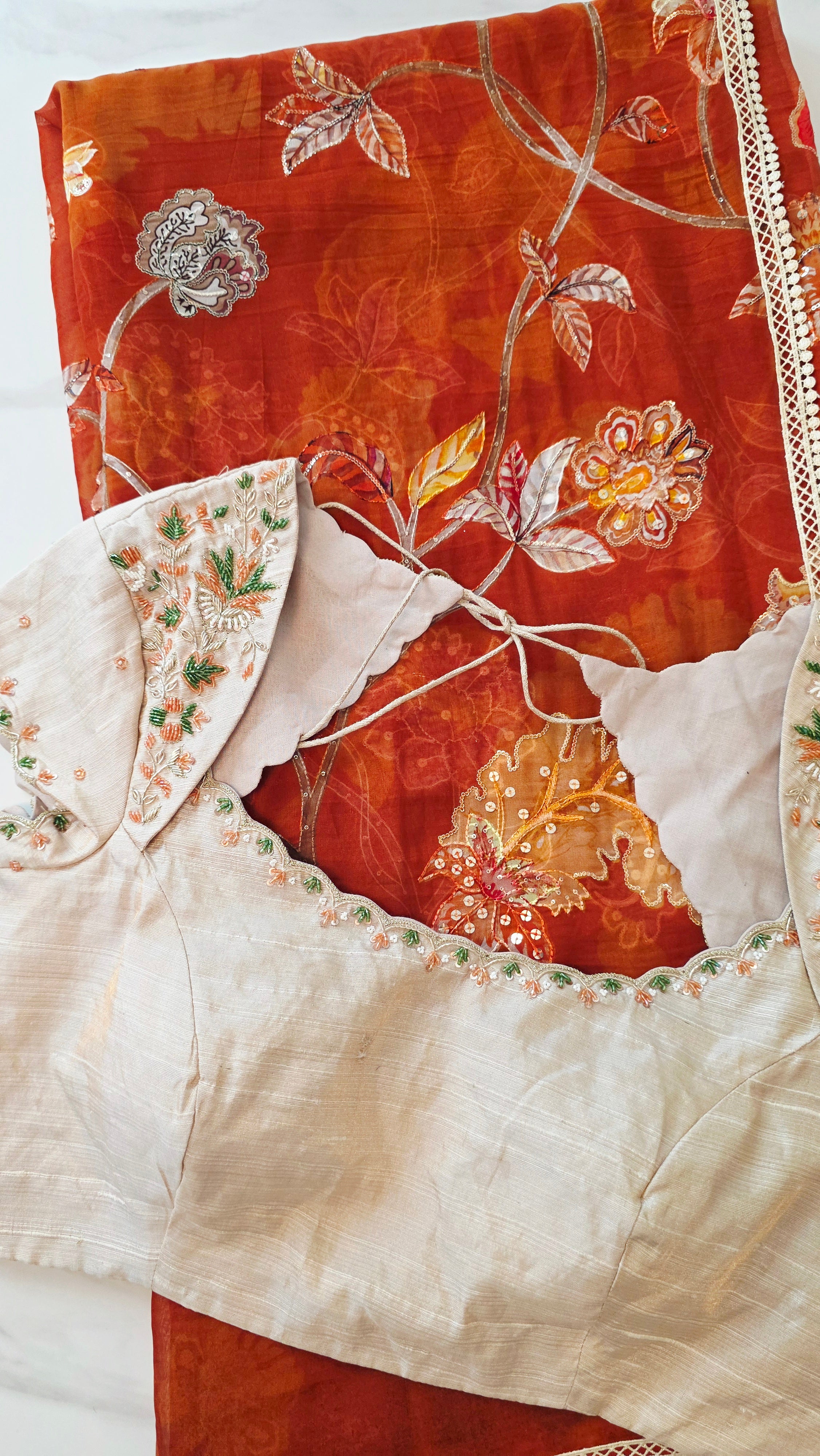 Womens Floral Viscious Organza Saree and Tissue Rawsilk Maggam work blouse