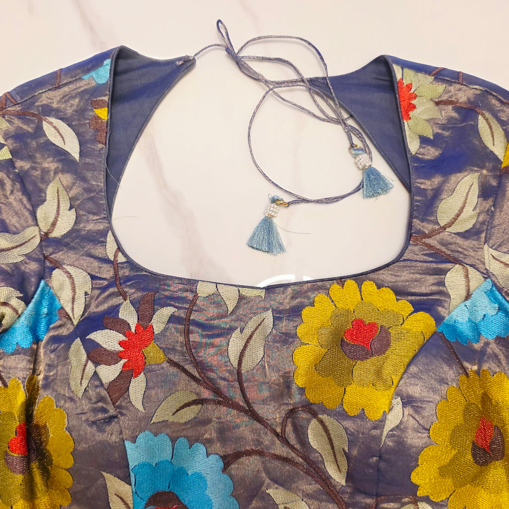 Blue Banaras Saree with Floral Embroidery