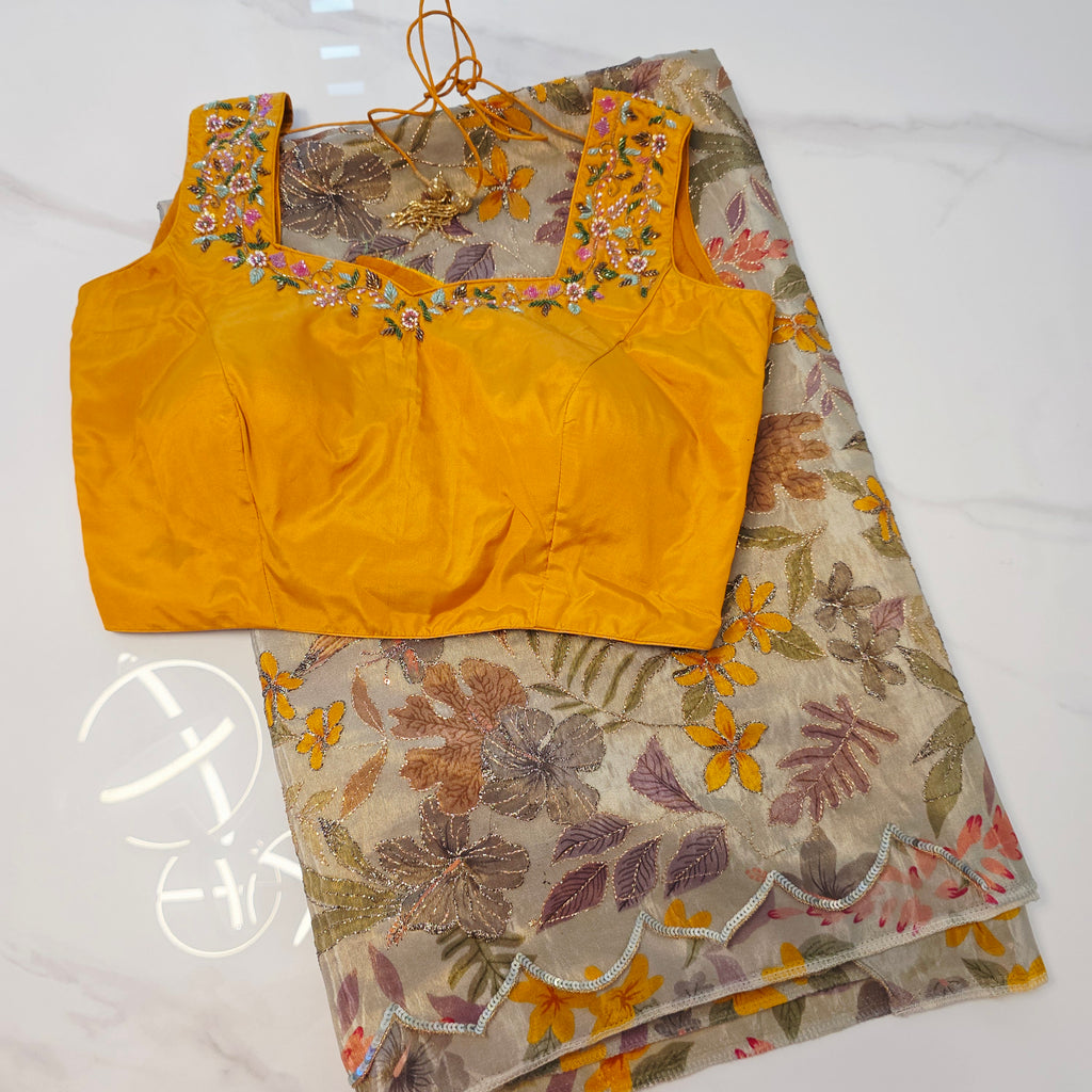 Light Pista Green Colour Cocktail Saree with all over floral sequins and yellow designer blouse