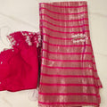Hotpink Viscious Orgamza Stripes Saree with Net designer blouse