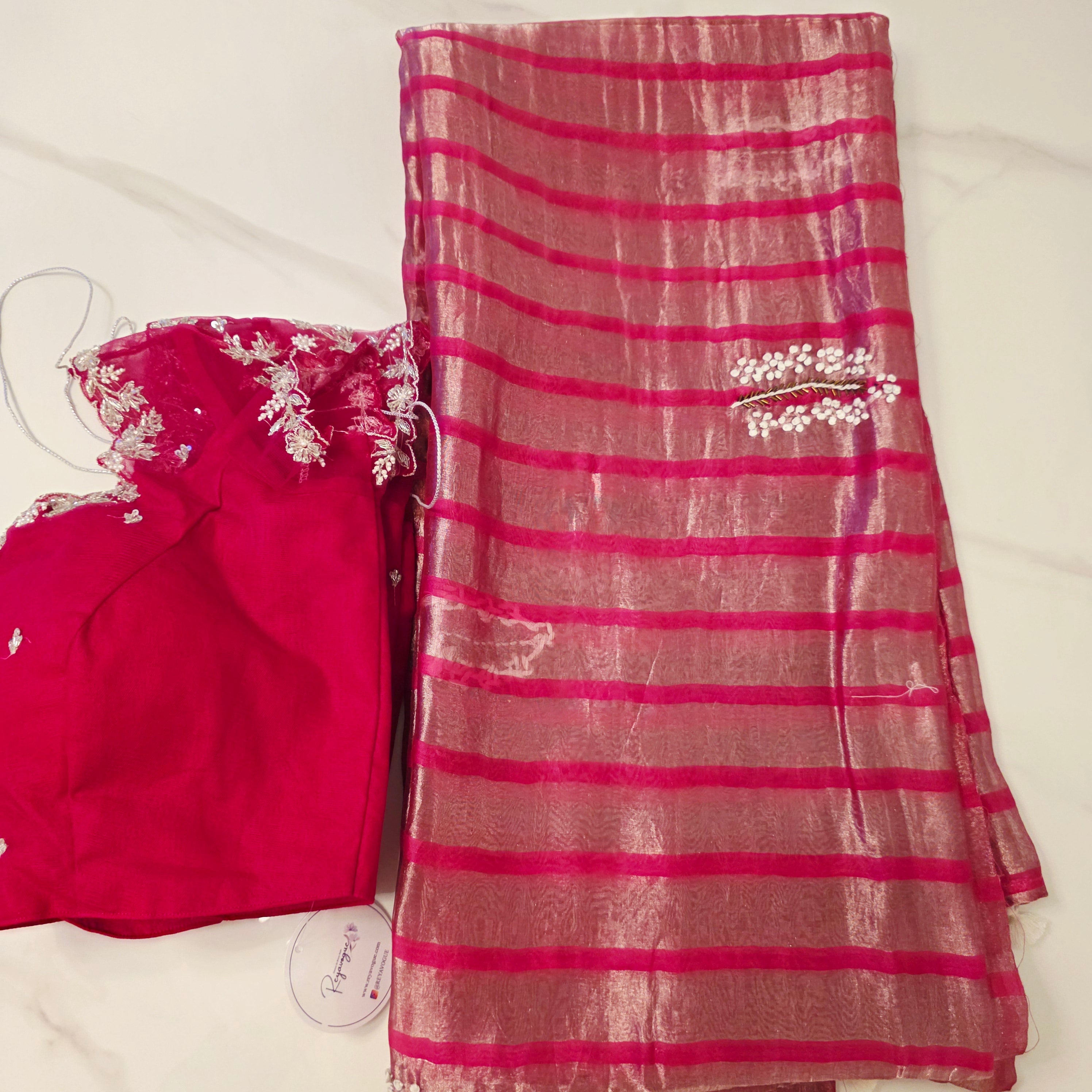 Hotpink Viscious Orgamza Stripes Saree with Net designer blouse