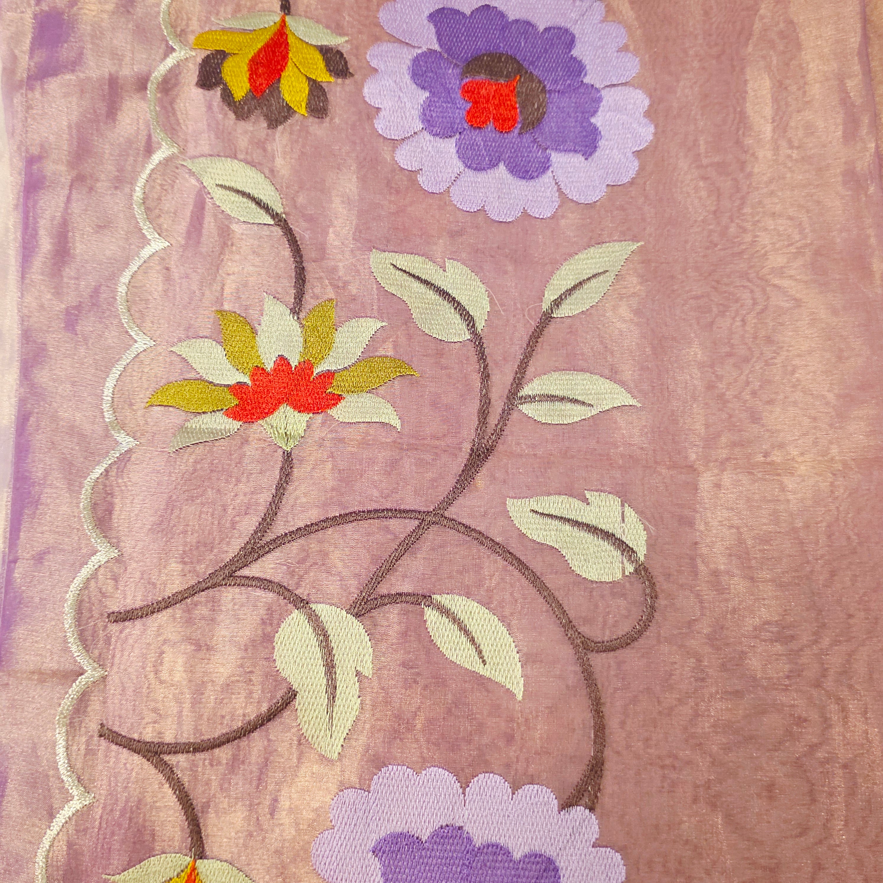 Purple Banaras Tissue Saree With Floral Embroidery and Self pattern blouse