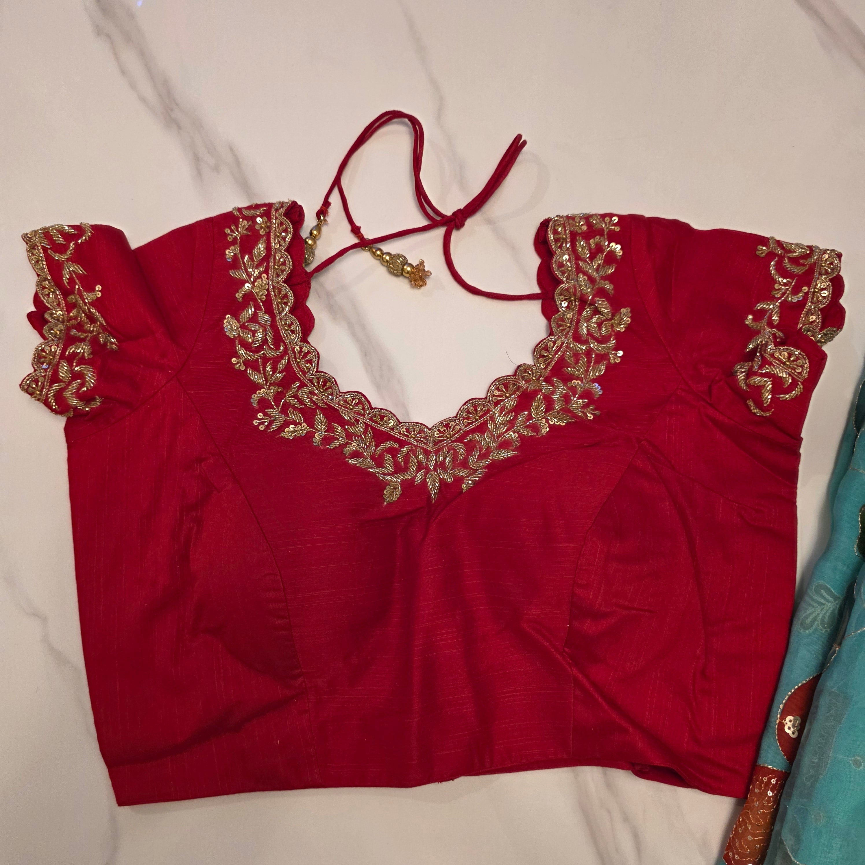 Teal Blue Oraganza Saree -Latest and Trendy with Floral Hibiscus theme paired with cute short sleeve blouse