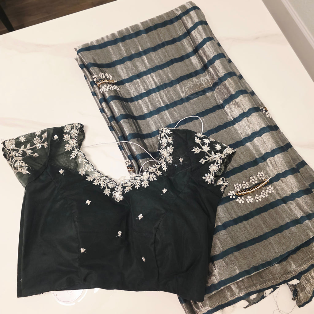 Bottle Green Viscious Organza Stripes Saree with Net Maggamwork blouse