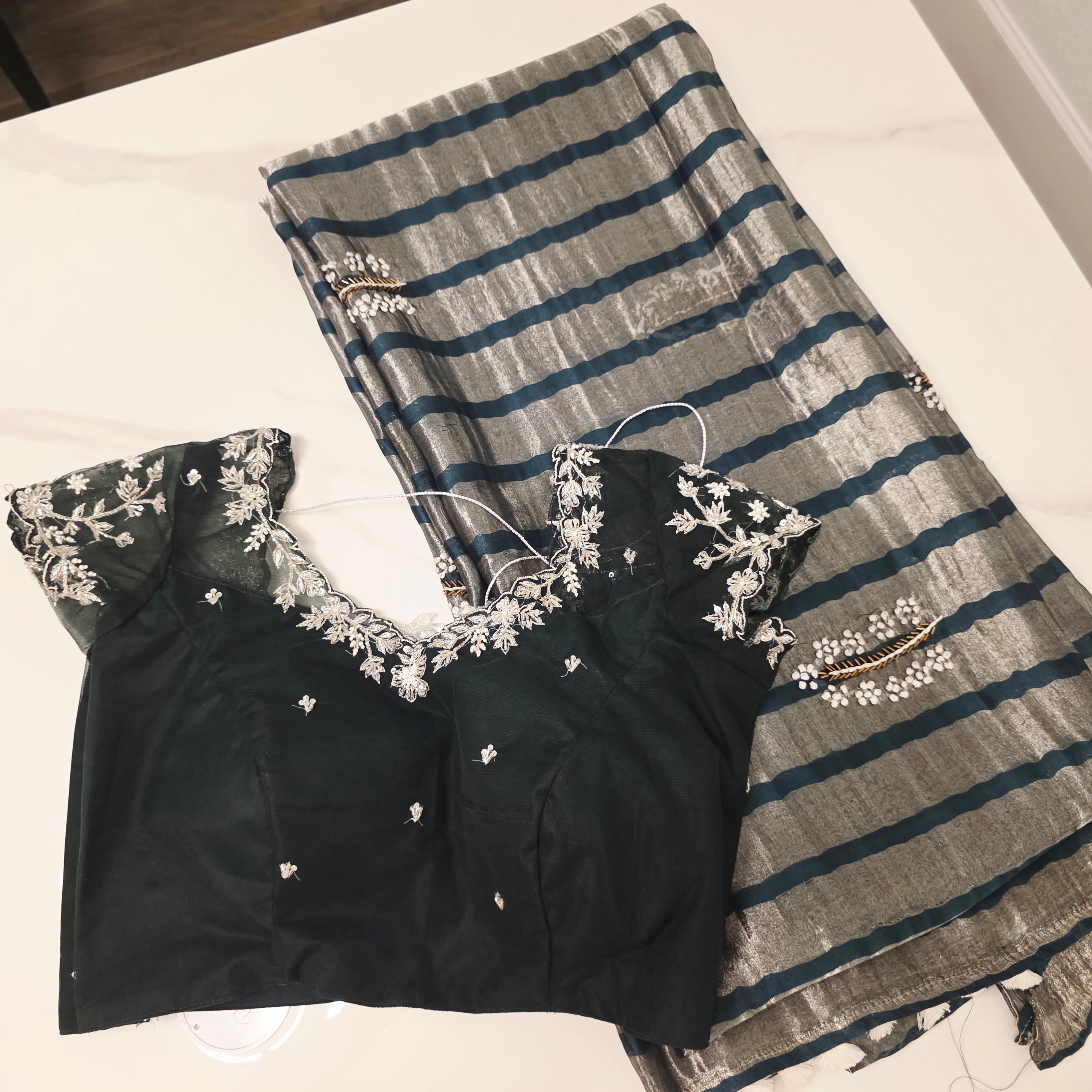 Bottle Green Viscious Organza Stripes Saree with Net Maggamwork blouse