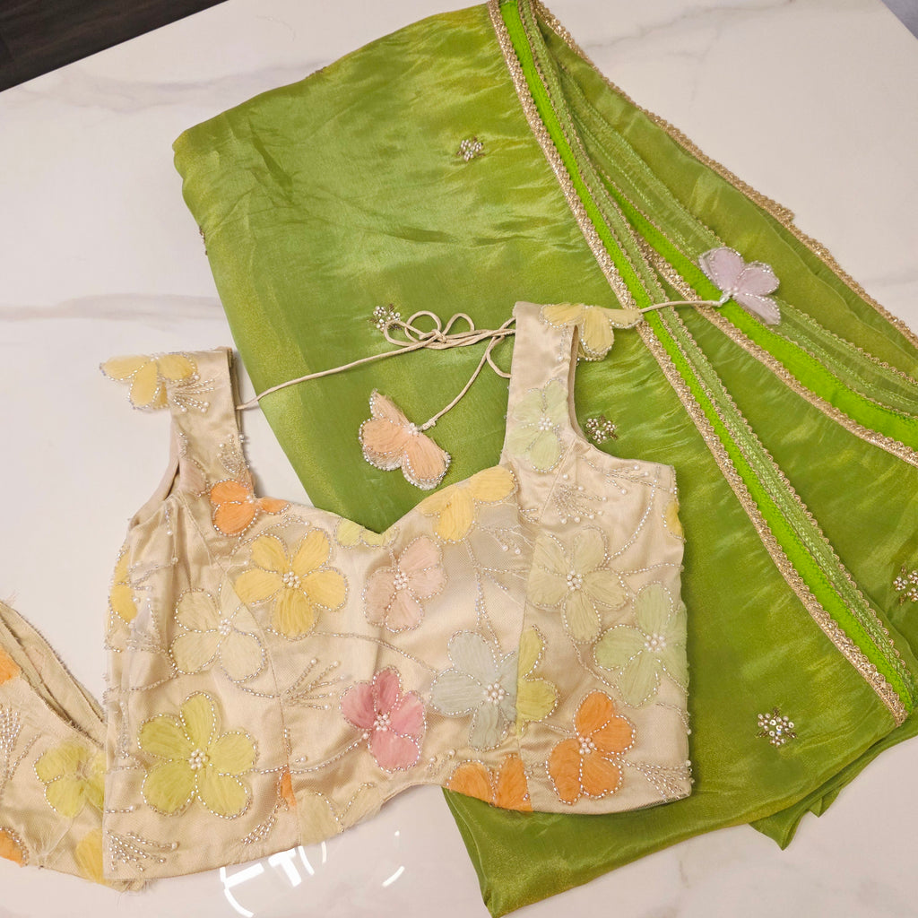Parrot Green Tissue Saree With 3D Floral Blouse