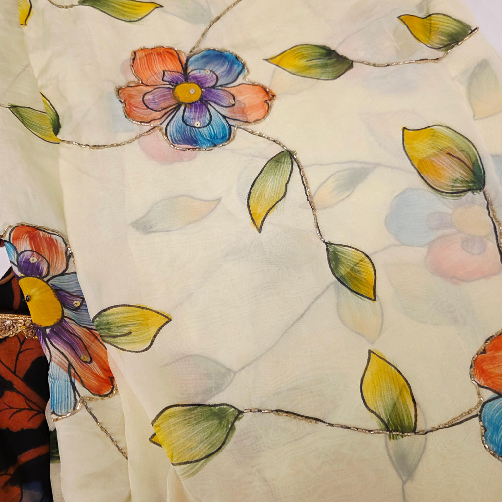 Hellgelbes, zähflüssiges Organza-Saree mit Kalamkari-Bluse