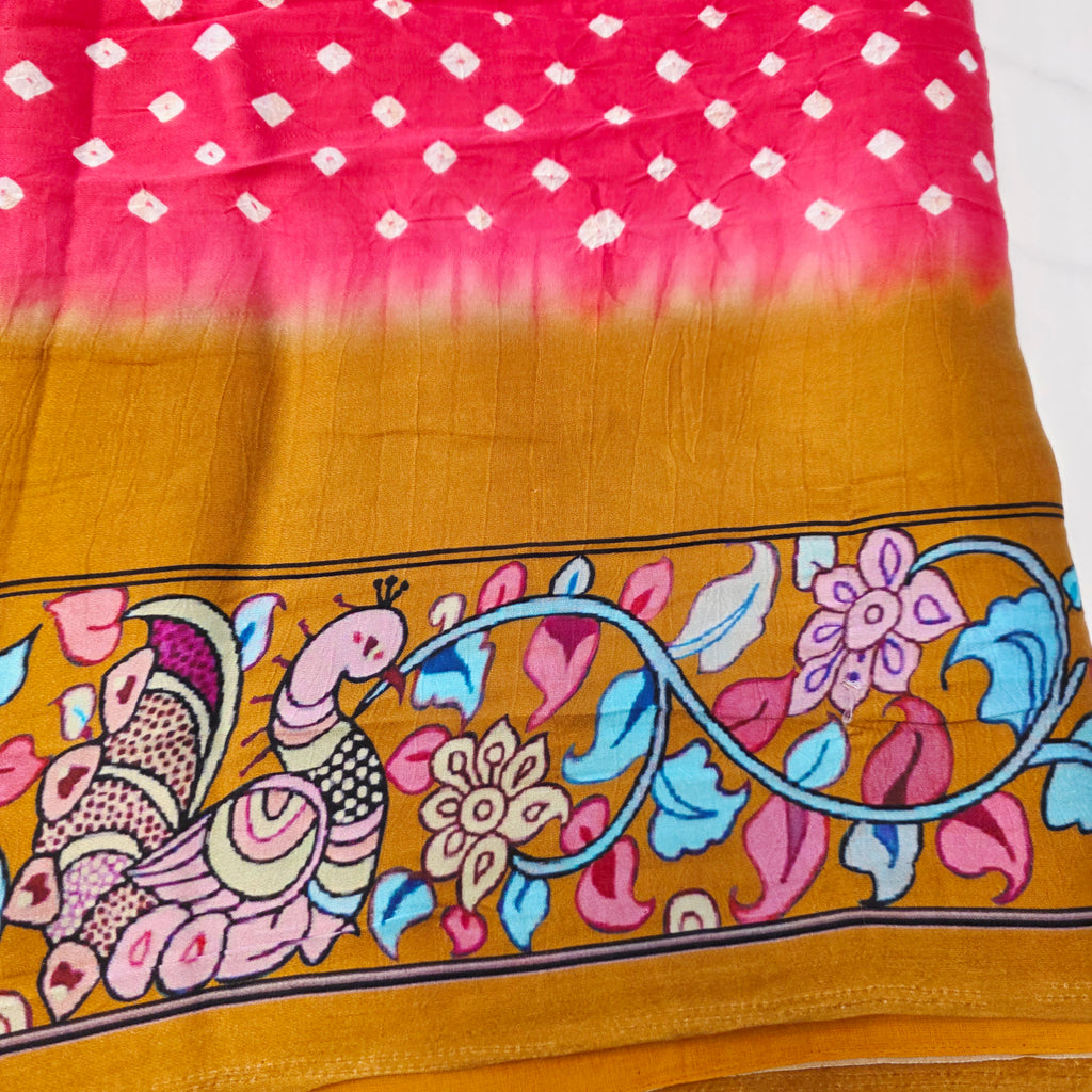 Rot und Senfgelb - Reine, weiche Premium Bandini-Sari mit Kalamkari-Bordüre und trendiger Bluse