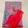 Purple Latest and Trendy Saree with Floral Hibiscus theme in paired with cute short sleeve blouse