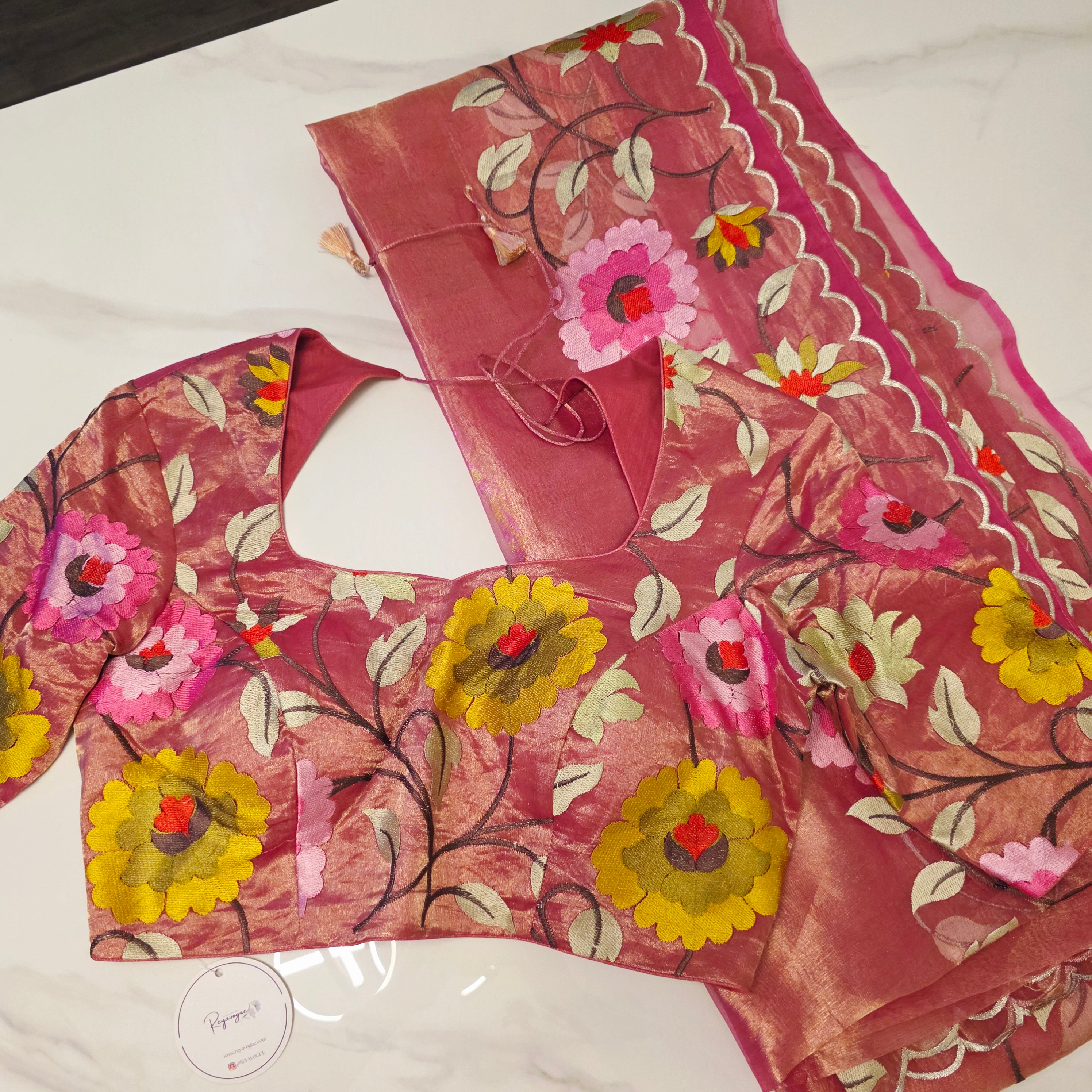 Pink Banaras Tissue Saree With Floral Embroidery