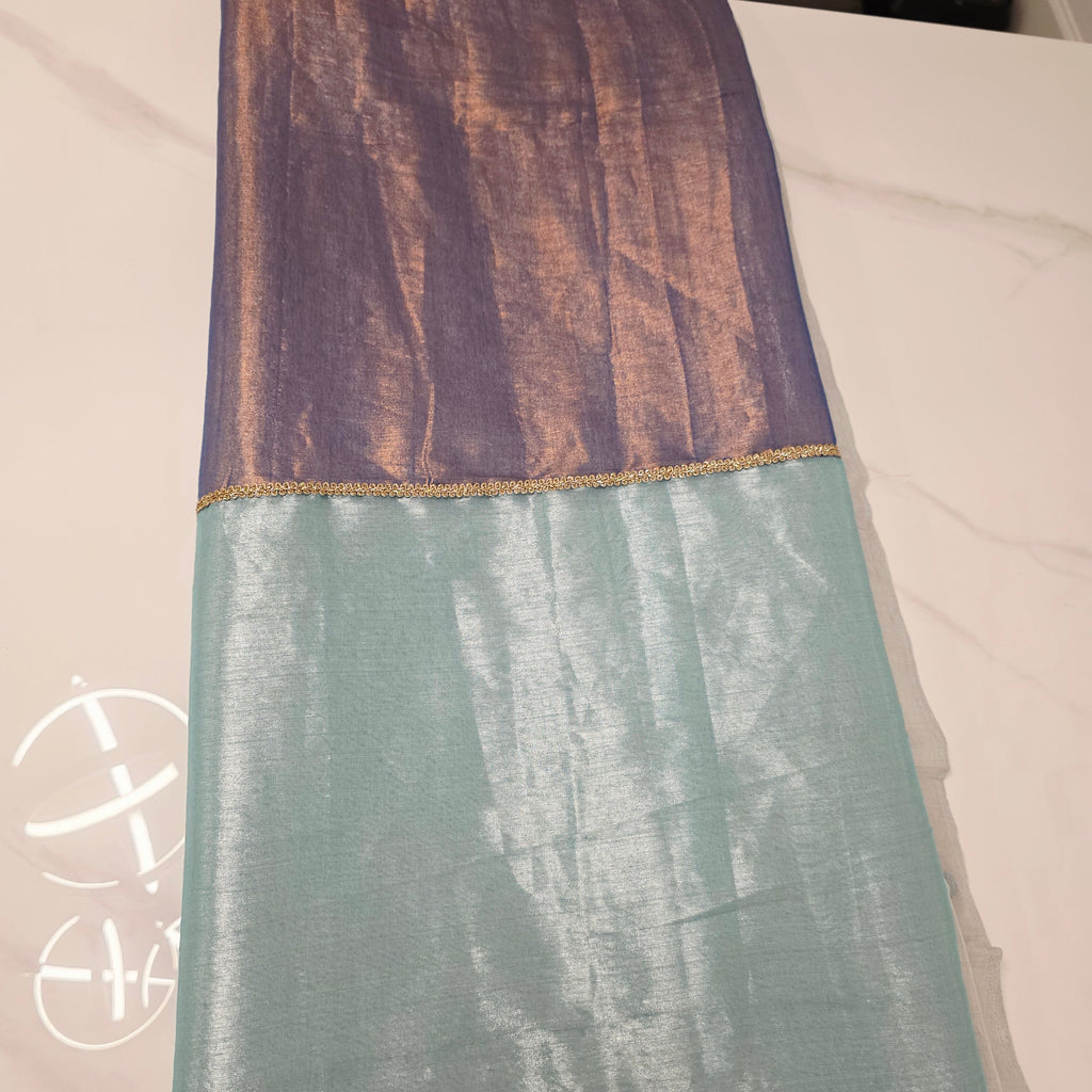 Tri Color Color Tissue Linen Saree ( Skyblue+Nayblue Pallu) With Ikkat pattern Blouse