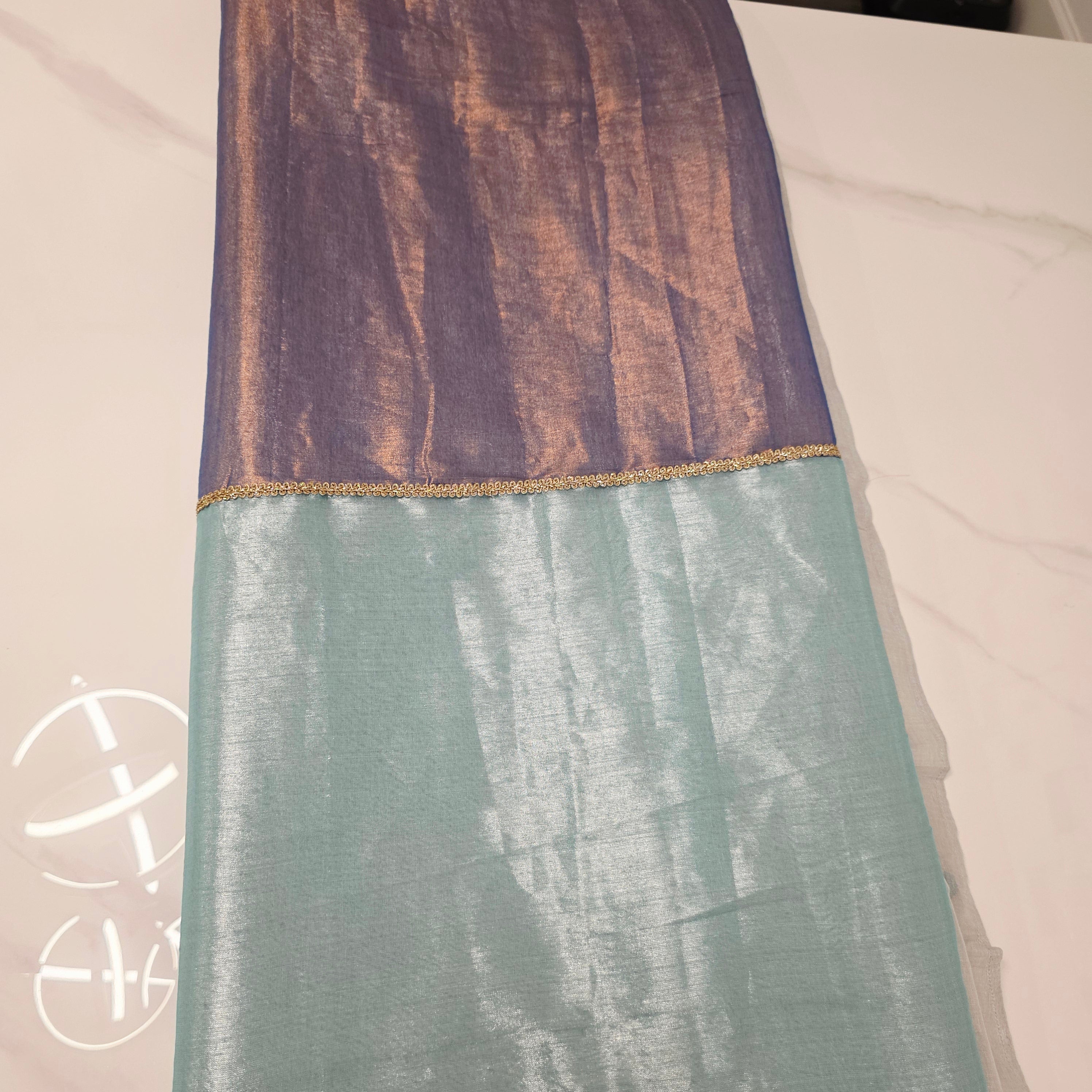 Tri Color Color Tissue Linen Saree ( Skyblue+Nayblue Pallu) With Ikkat pattern Blouse