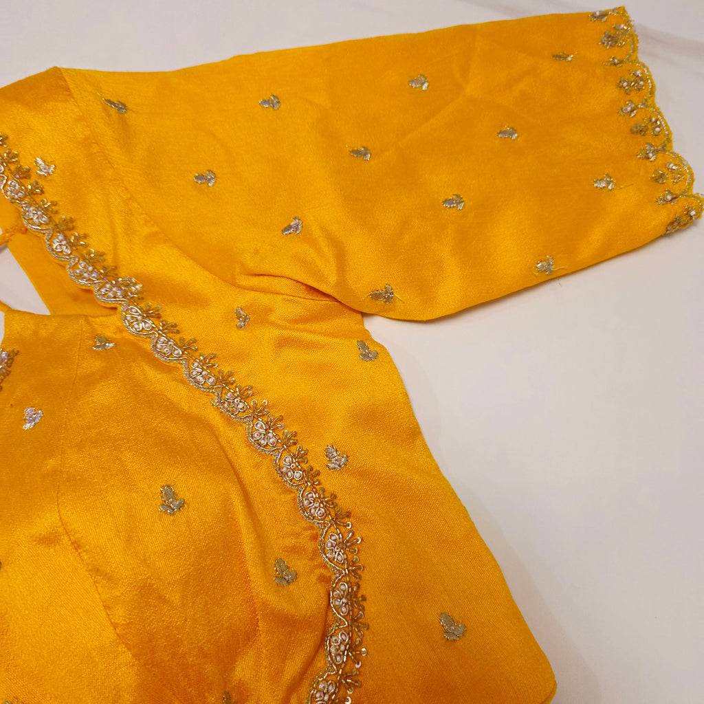 Orange Crape Silk Saree With Yellow Jacket Blouse