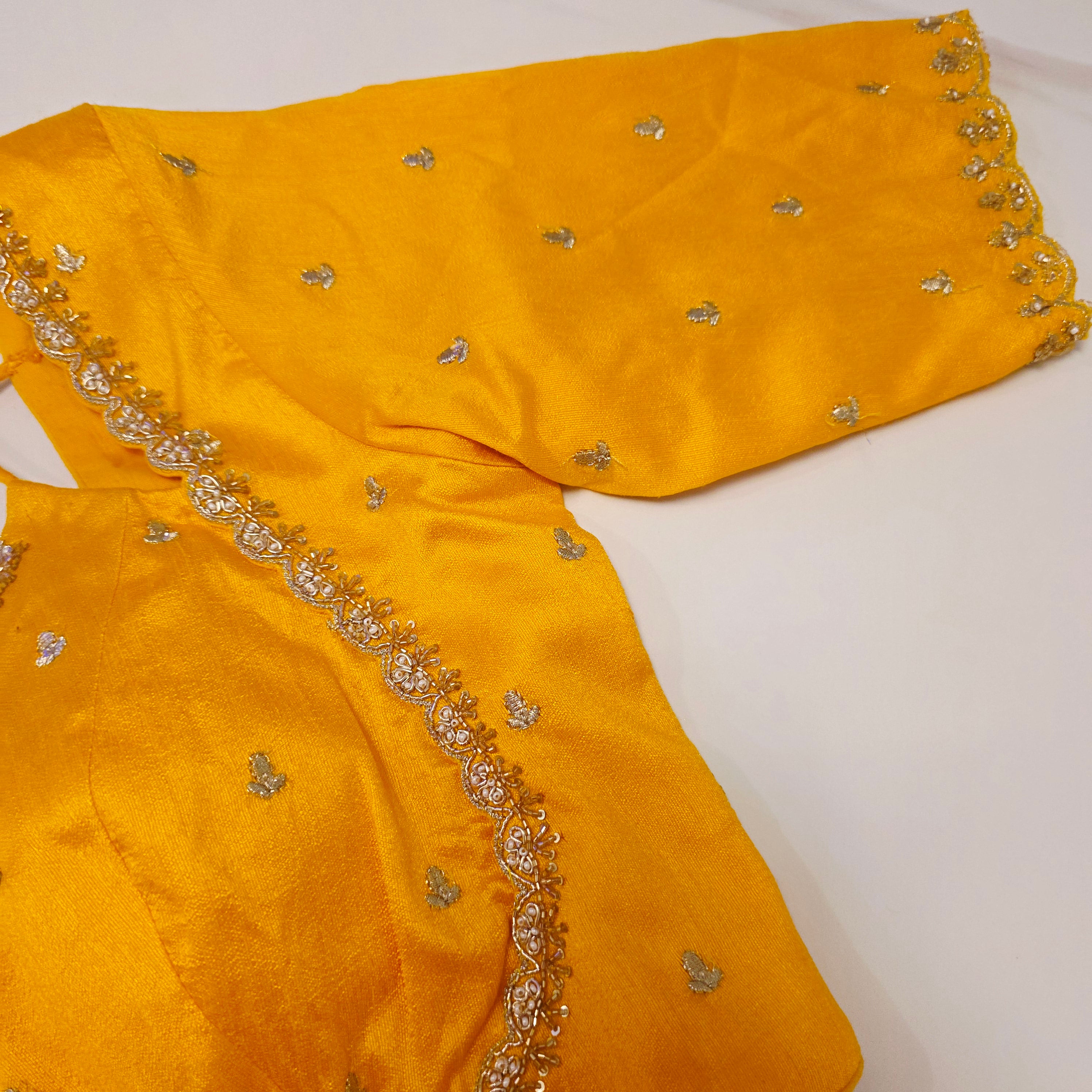 Orange Crape Silk Saree With Yellow Jacket Blouse