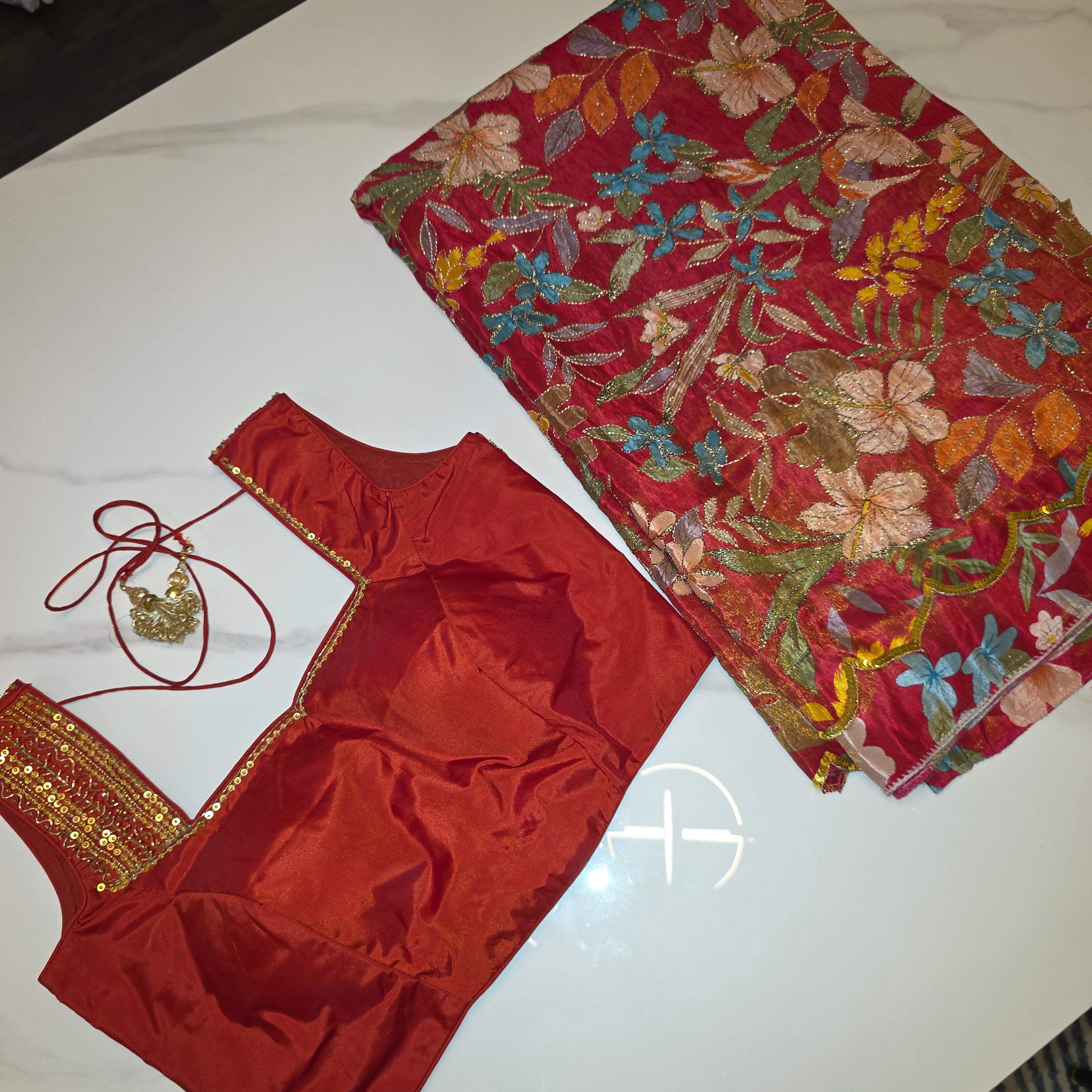 Red Designer Floral Highlited Tissue Georgette Saree and Designer Blouse