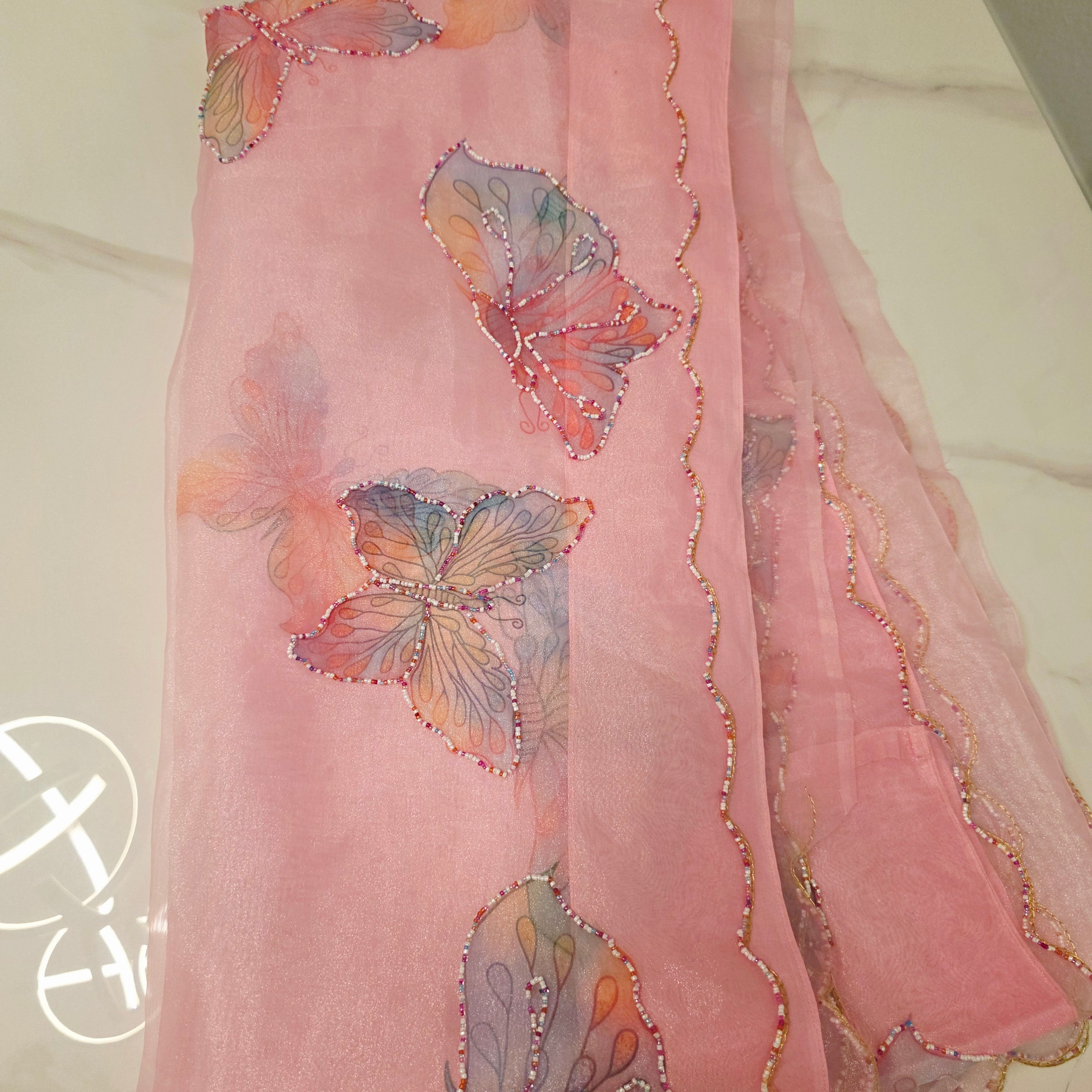 Babypink glass organza butterfly saree with Pistagreen netblouse