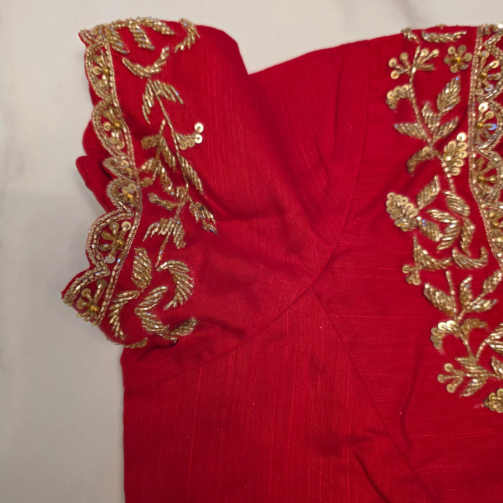 Teal Blue Oraganza Saree -Latest and Trendy with Floral Hibiscus theme paired with cute short sleeve blouse