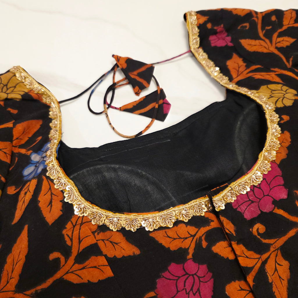 Hellgelbes, zähflüssiges Organza-Saree mit Kalamkari-Bluse