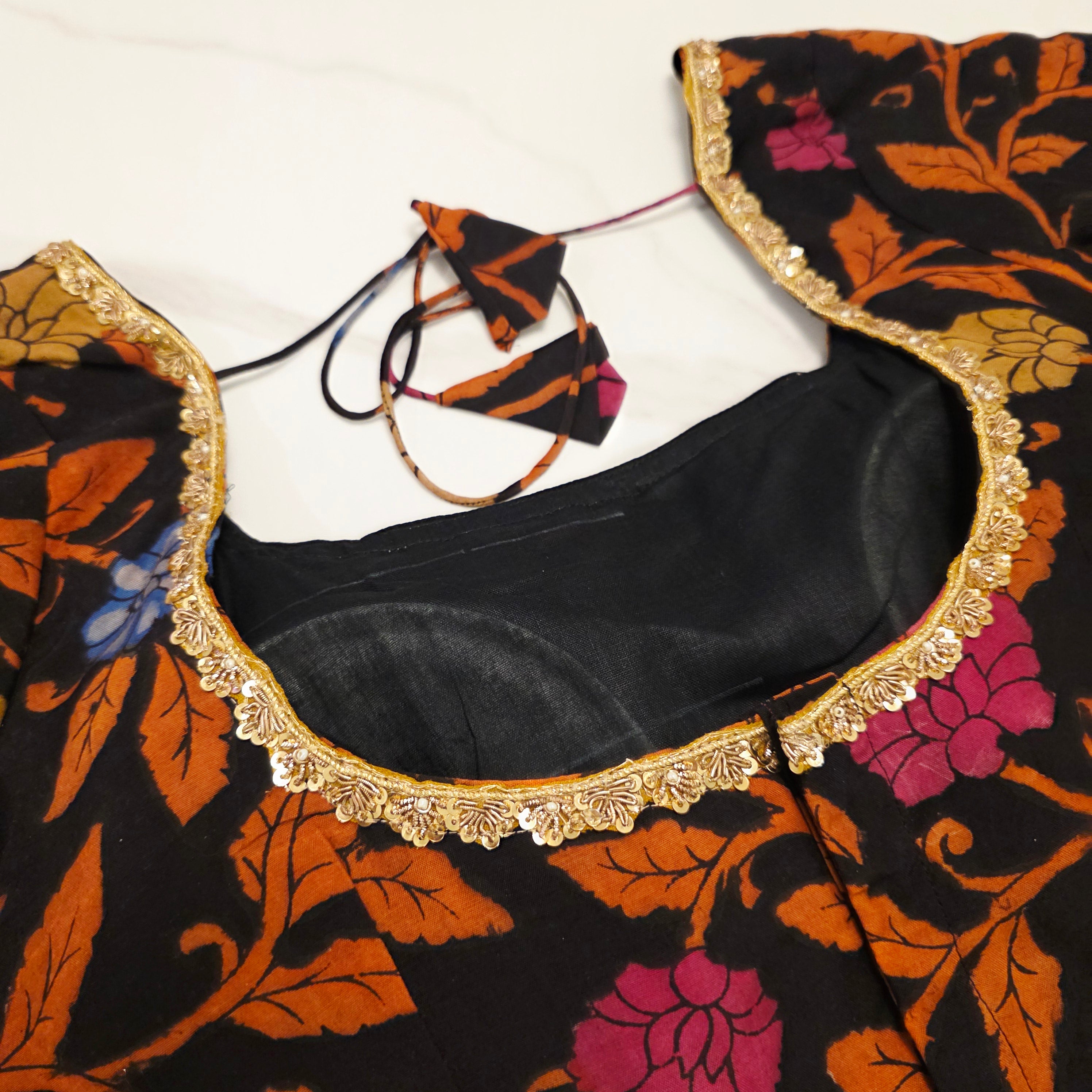 Hellgelbes, zähflüssiges Organza-Saree mit Kalamkari-Bluse