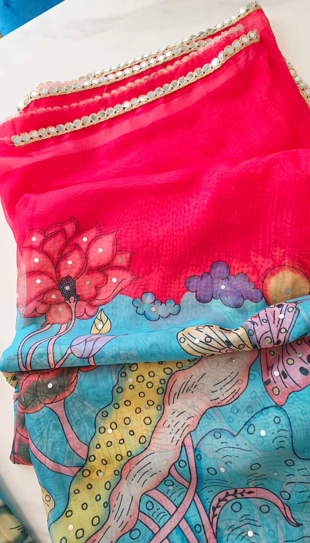 Womens Red and Blue Butterfly Kalmkari print saree and blouse