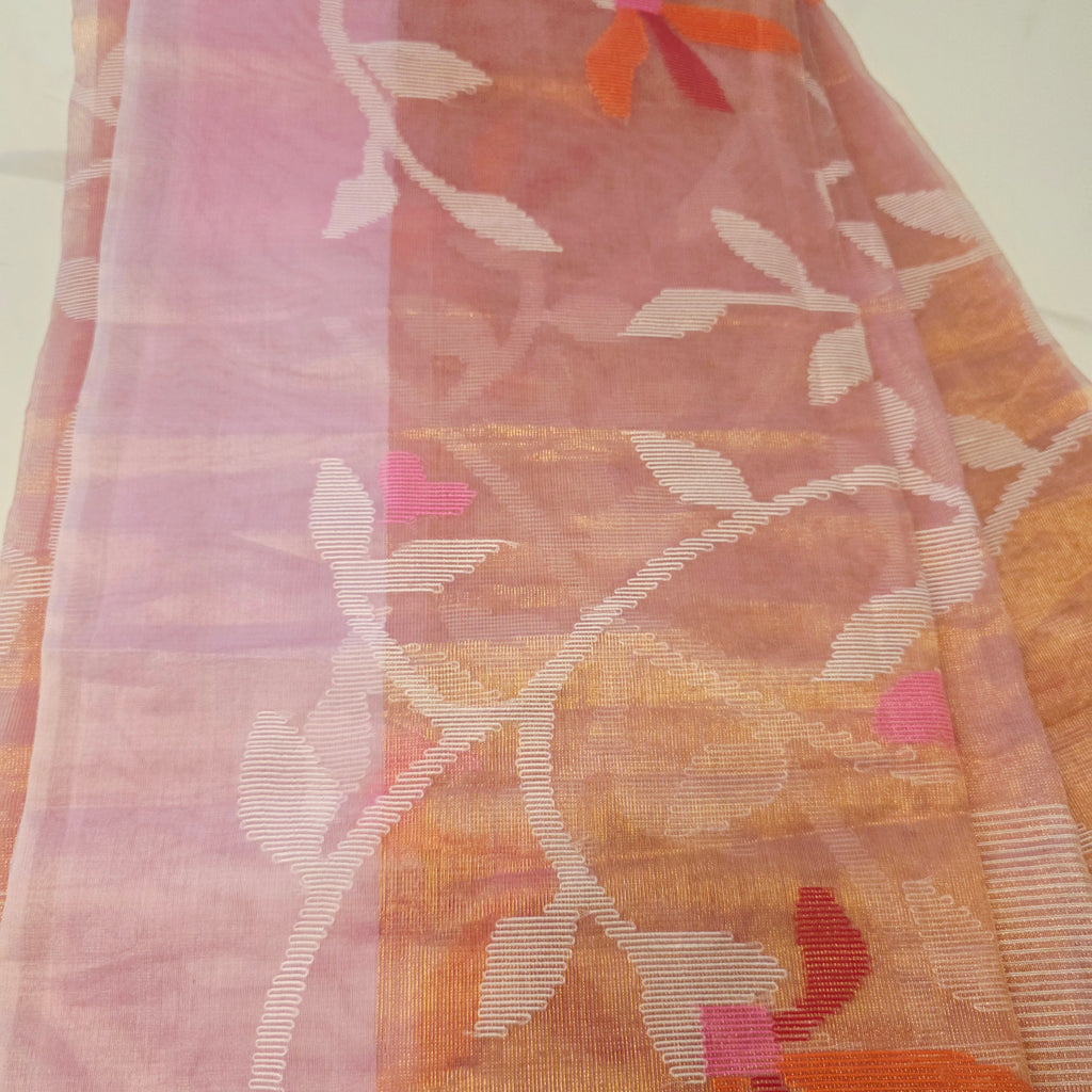 Reine Tissue Muslin Jamdani in Pink mit Designer-Hotpink-Bluse