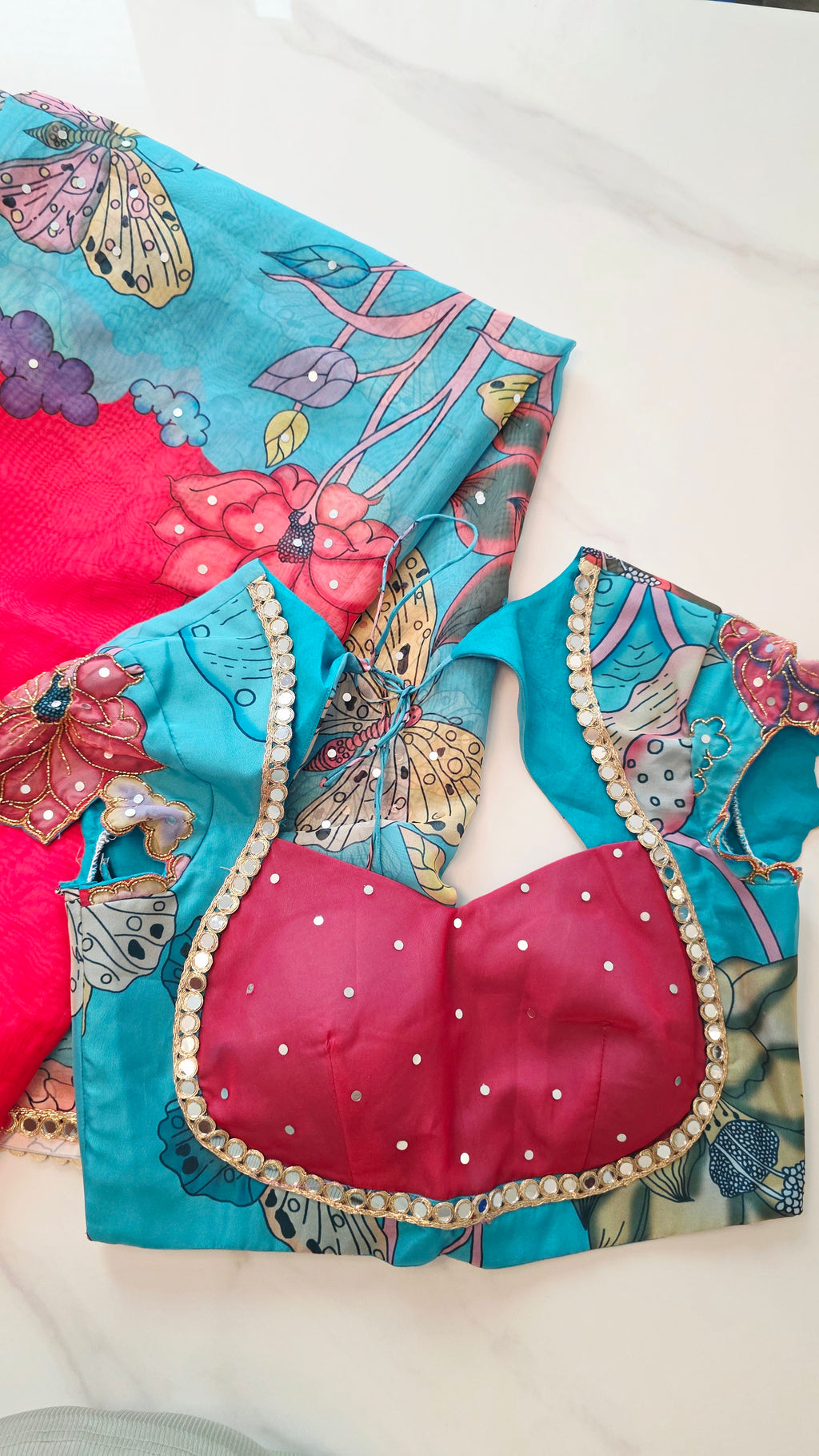 Womens Red and Blue Butterfly Kalmkari print saree and blouse