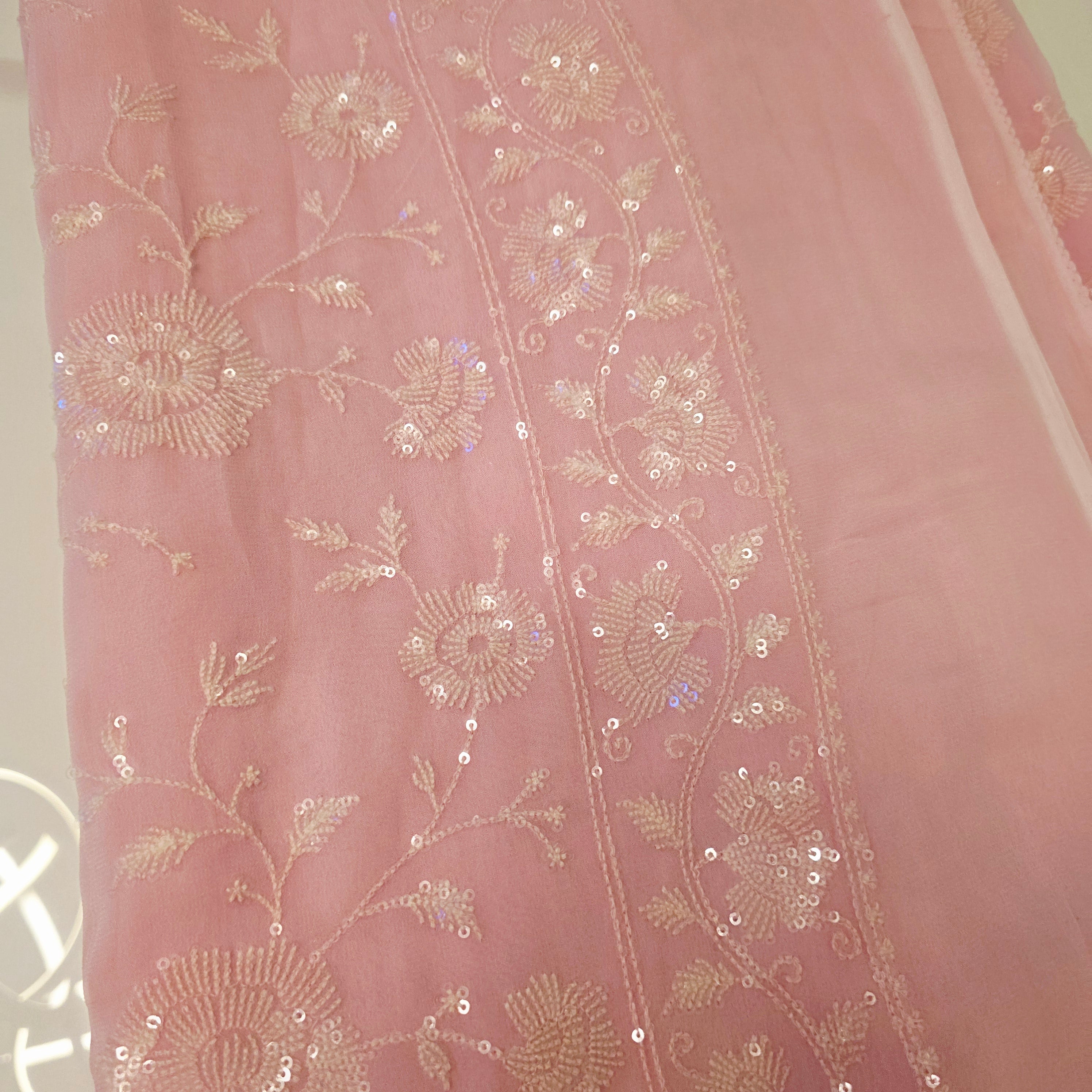 Baby Pink Sequin Georgette Saree With Skyblue Blouse