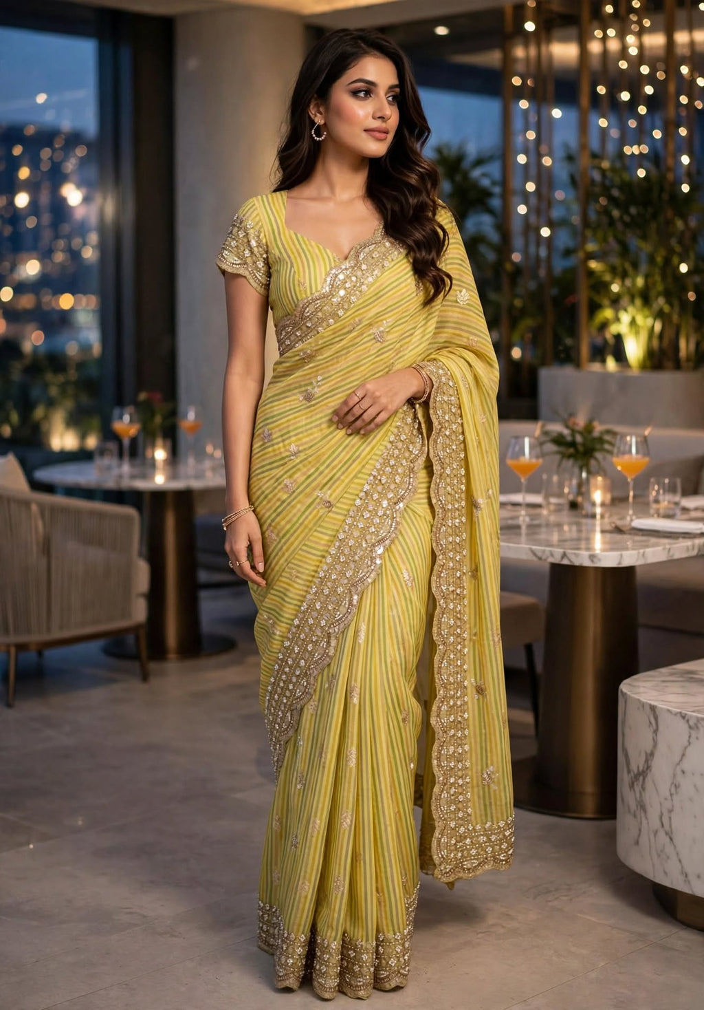 Womens yellow cocktail saree with sabhyasachi border