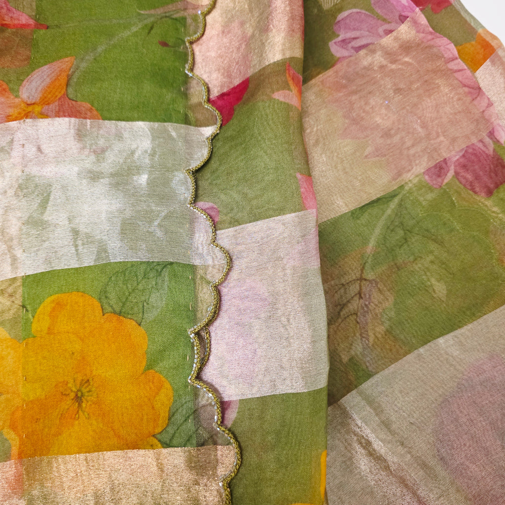 Green Stripes Premium Organza Saree with Cutwork borders paired with Tissue Rawsilk Maggam Blouse