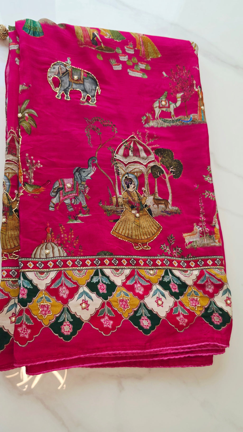 Womens Pure Crape Silk Tribal Art Sarees With Cutdana work