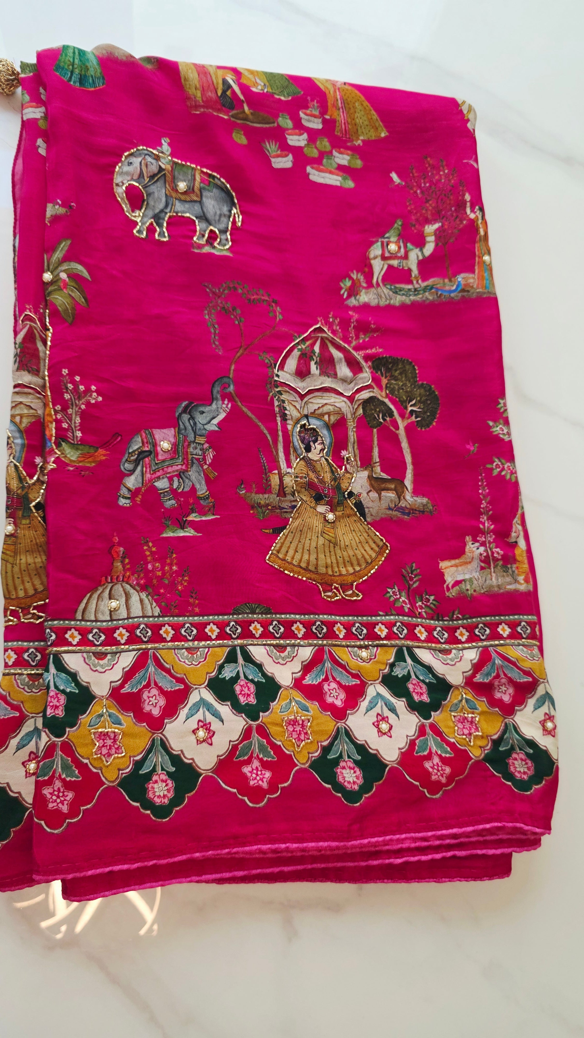 Womens Pure Crape Silk Tribal Art Sarees With Cutdana work