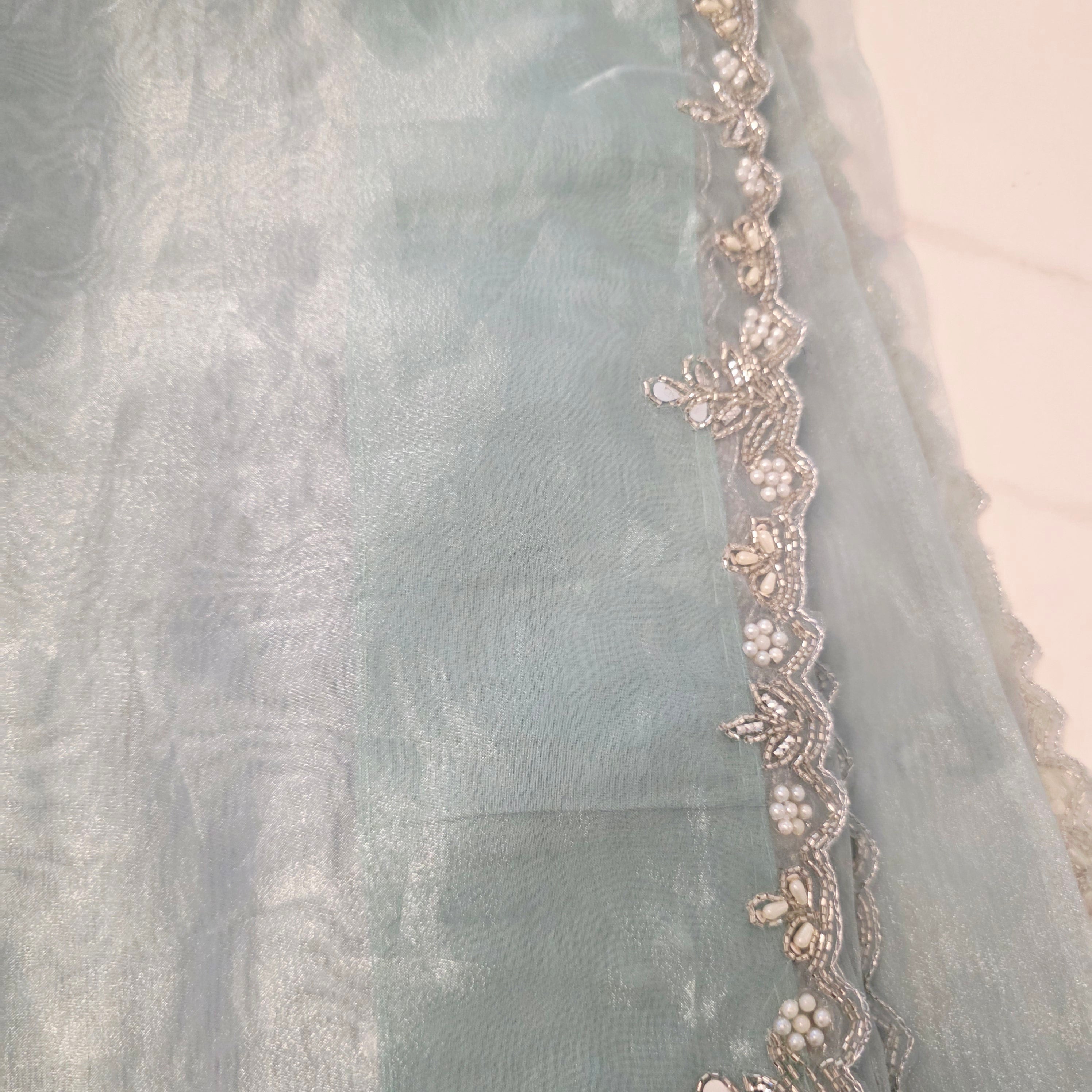 Seagreen Organza Glass Tissue With Mirror Work and BabyPink Net Blouse