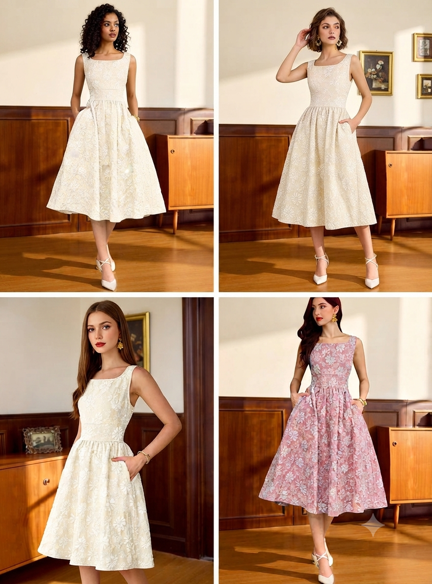Womens Jaquard Dresses Below the Knee with pocket